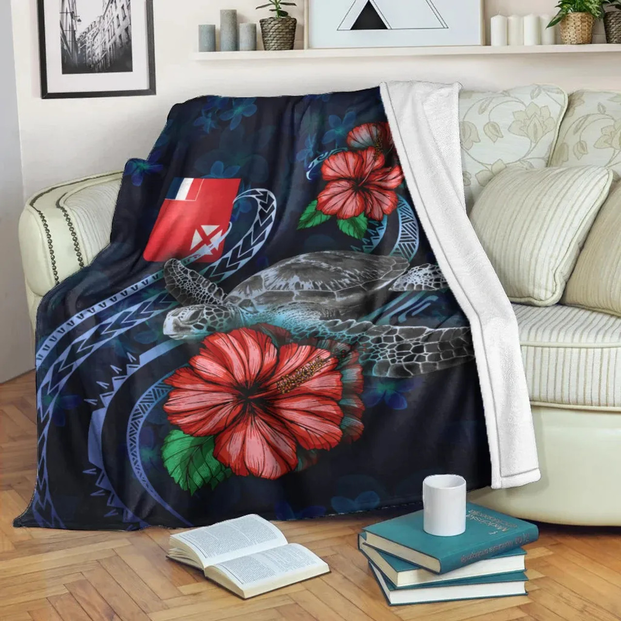 Wallis and Futuna Polynesian Premium Blanket - Blue Turtle Hibiscus 1
