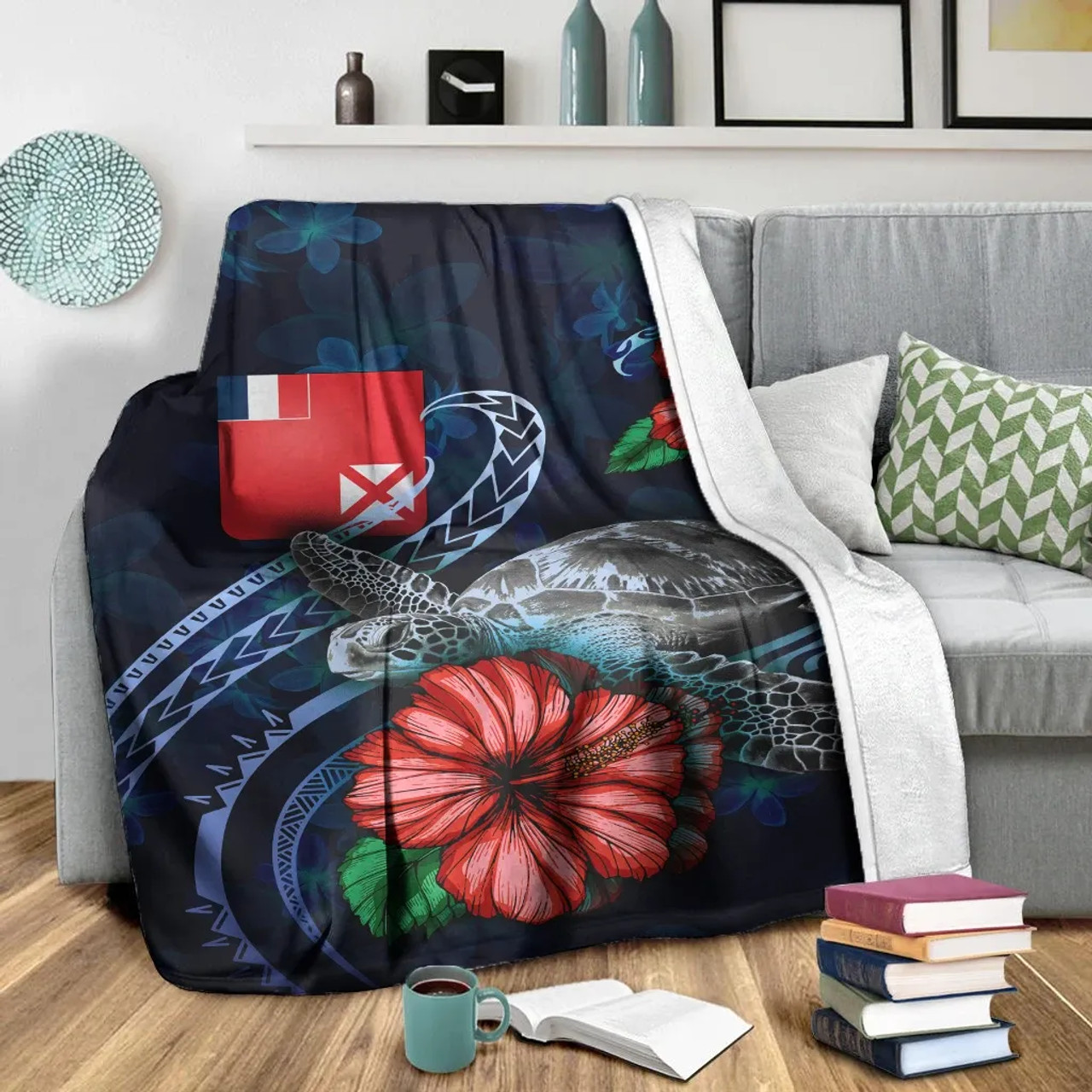 Wallis and Futuna Polynesian Premium Blanket - Blue Turtle Hibiscus 3