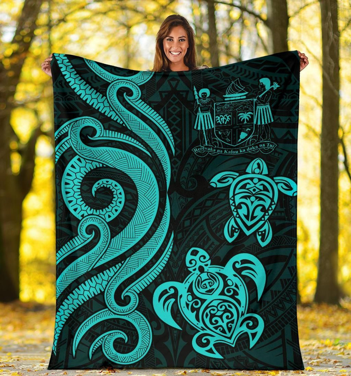 Fiji Polynesian Premium Blanket - Turquoise Tentacle Turtle Crest 5