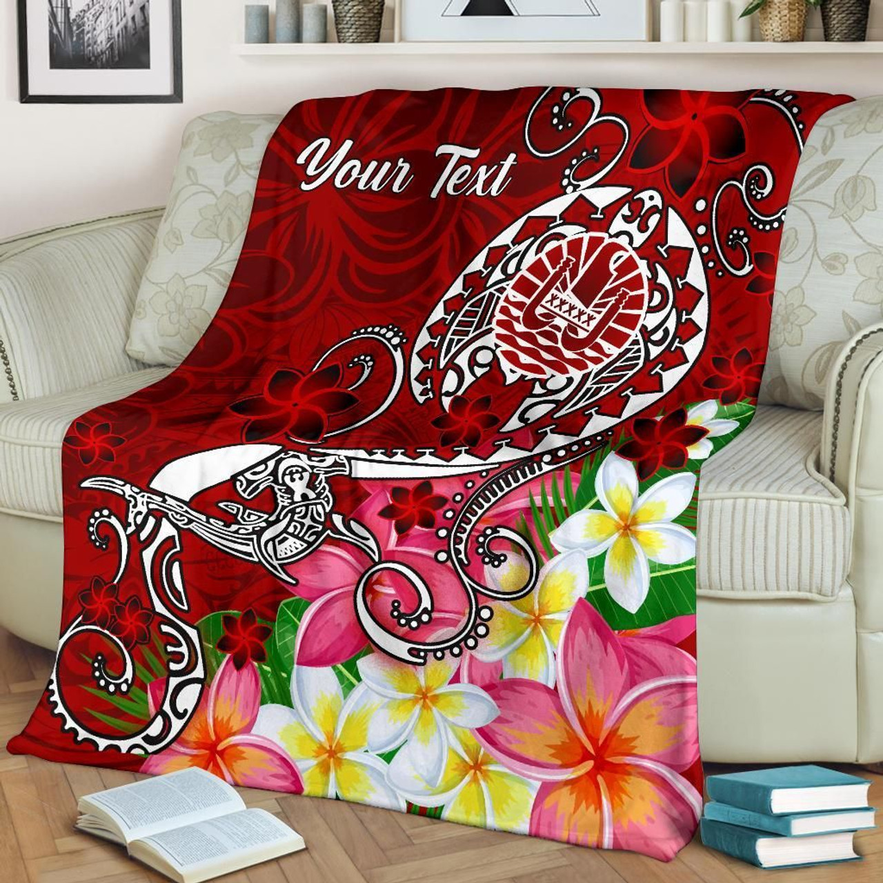 Tahiti Custom Personalised Premium Blanket - Turtle Plumeria (Red) 2