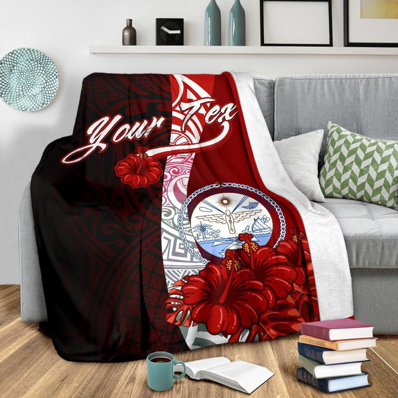 Marshall Islands Polynesian Custom Personalised Premium Blanket - Coat Of Arm With Hibiscus 3