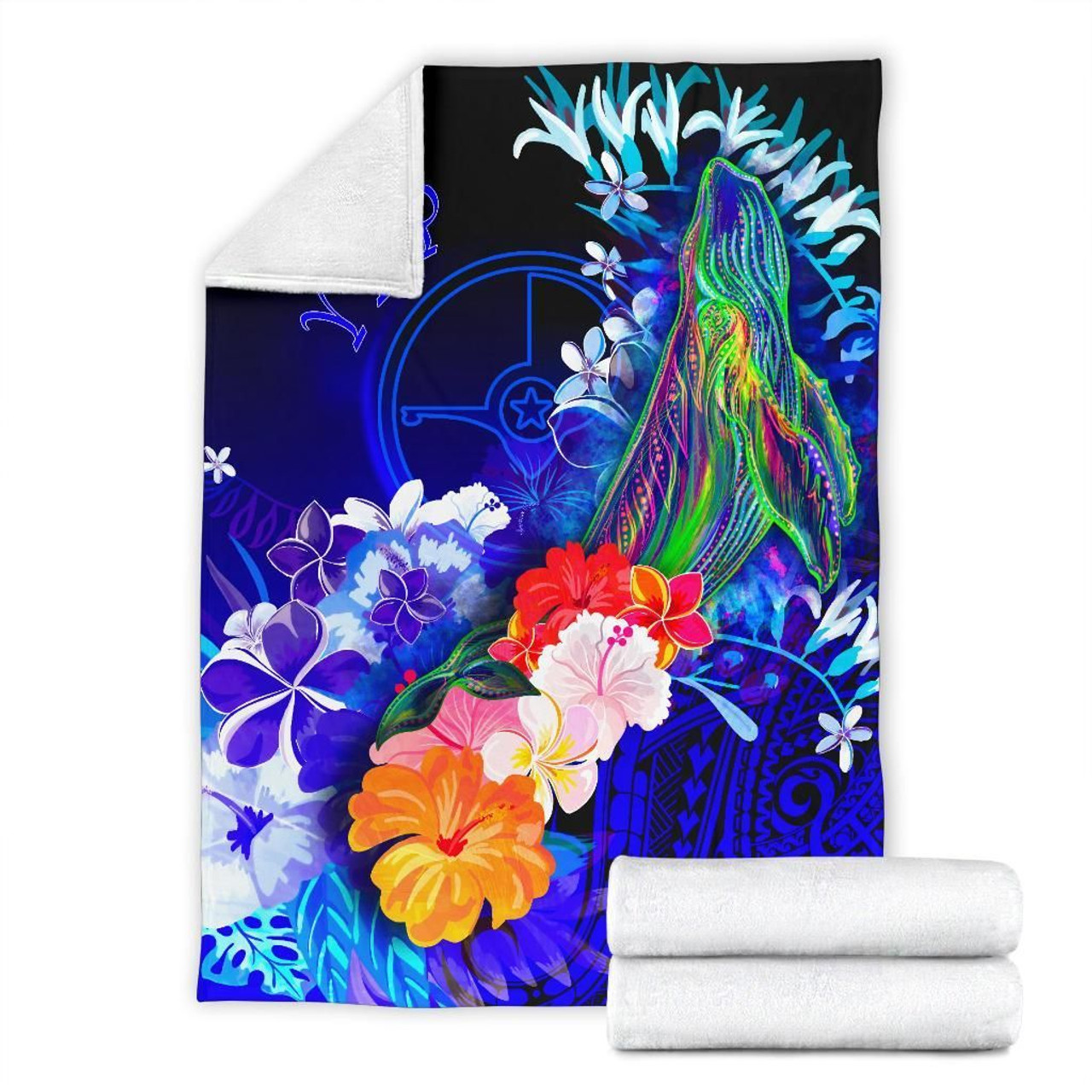 Yap Premium Blanket - Humpback Whale with Tropical Flowers (Blue) 7