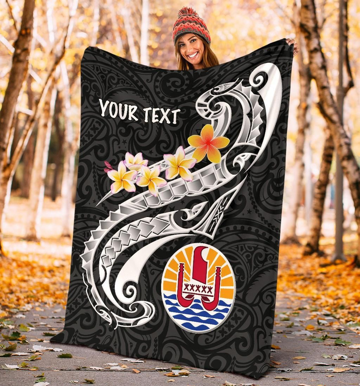 Tahiti Custom Personalised Premium Blanket - Tahiti Seal Polynesian Patterns Plumeria (Black) 5