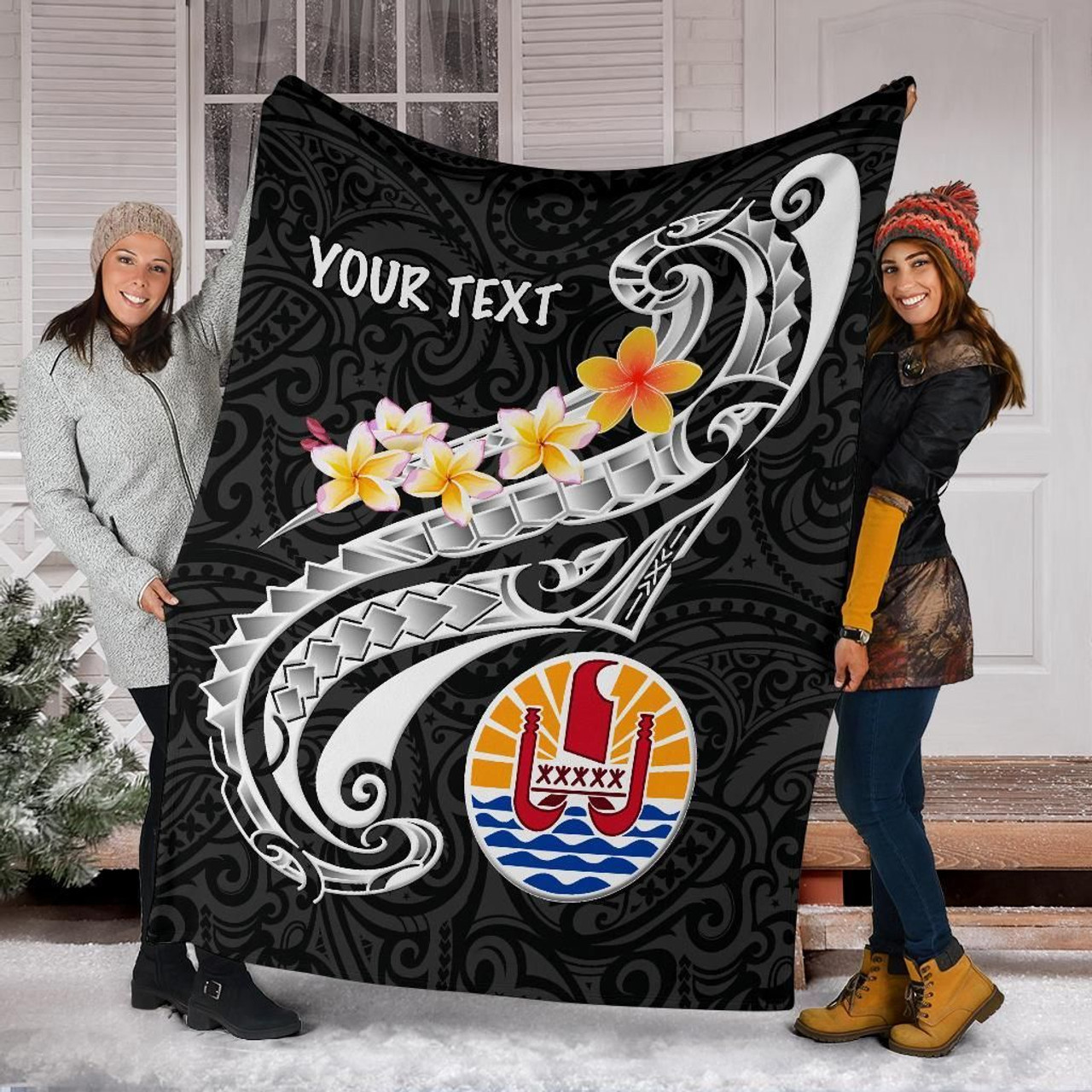 Tahiti Custom Personalised Premium Blanket - Tahiti Seal Polynesian Patterns Plumeria (Black) 6