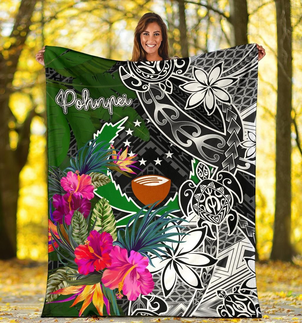 Pohnpei Premium Blanket - Turtle Plumeria Banana Leaf 5
