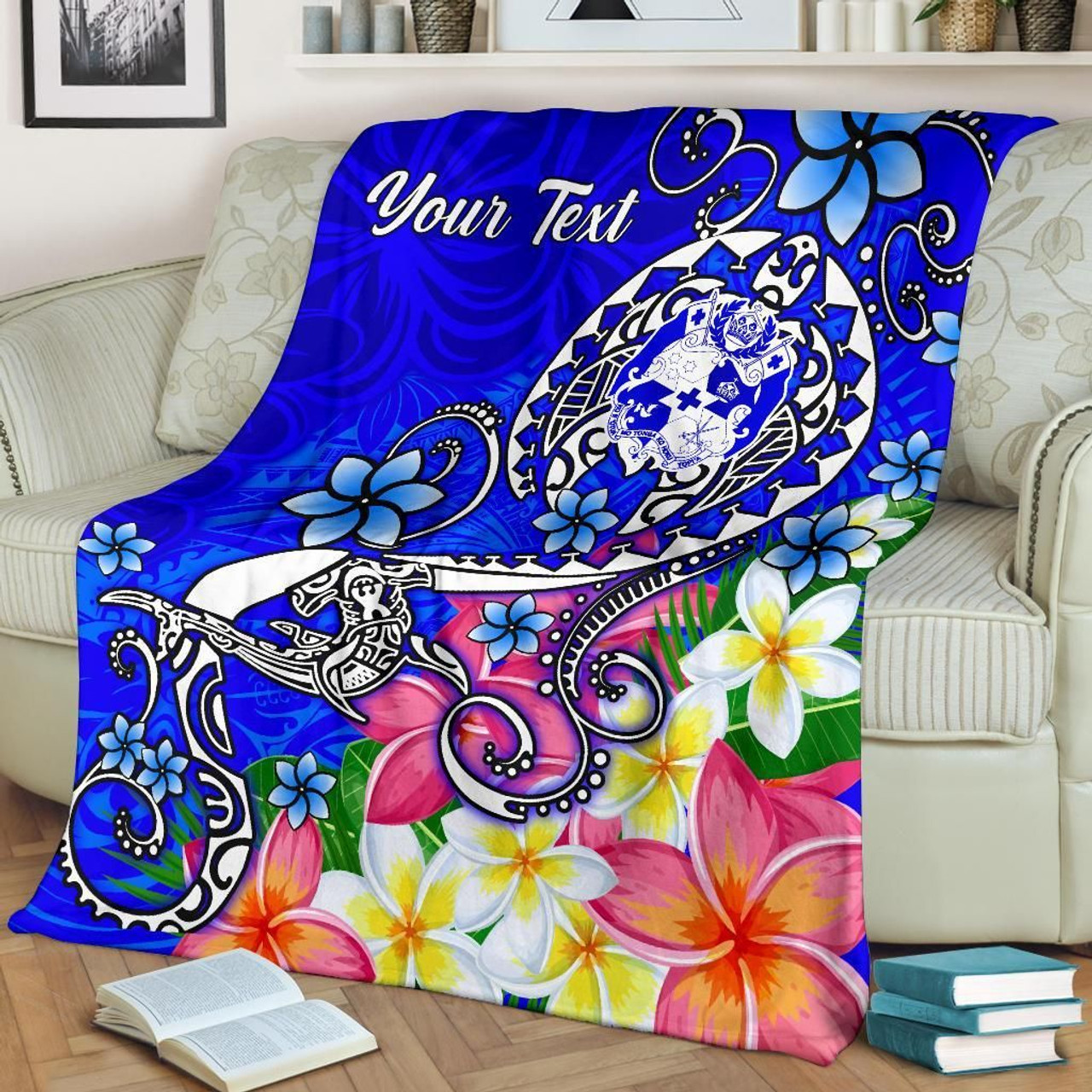 Tonga Custom Personalised  Premium Blanket - Turtle Plumeria (Blue) 2