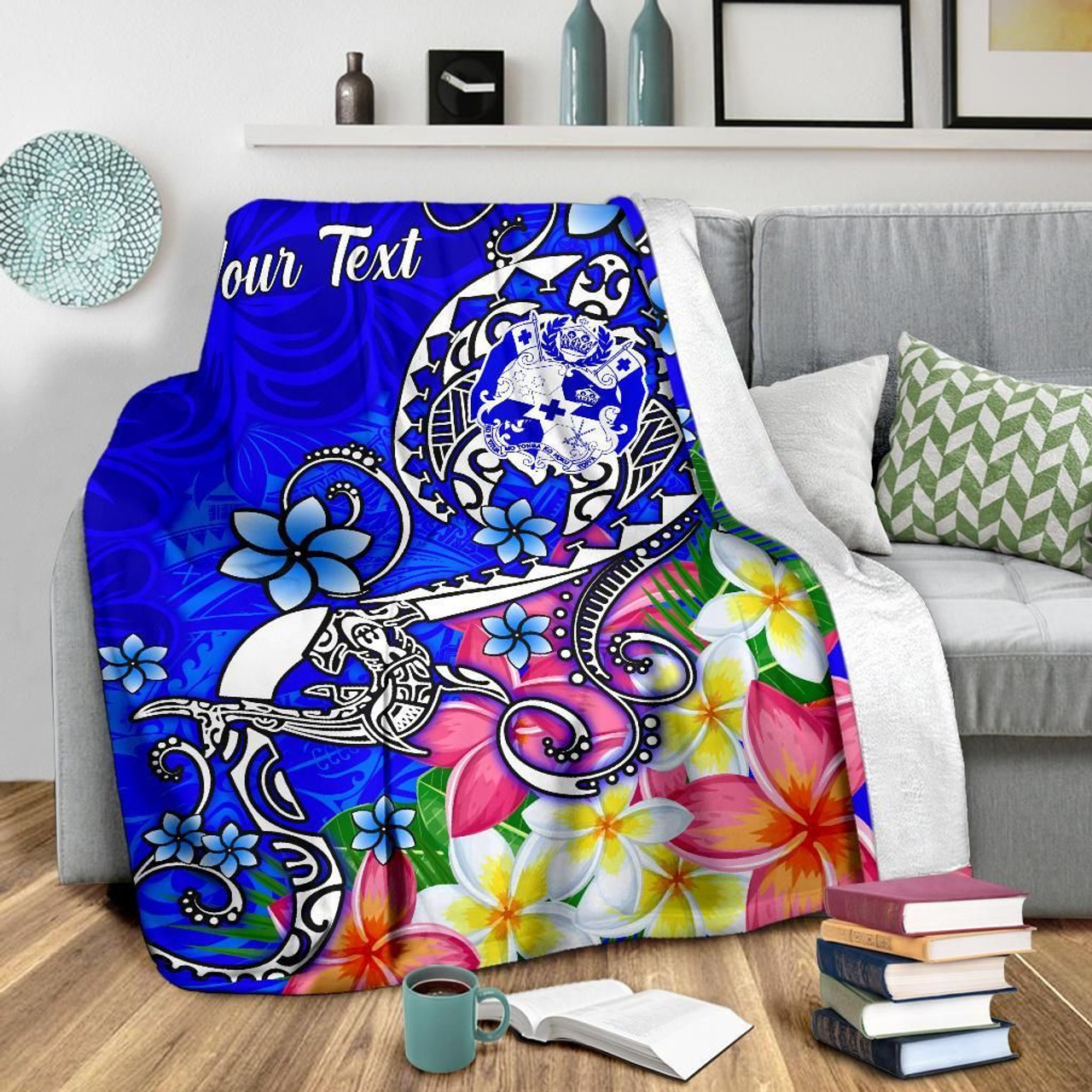 Tonga Custom Personalised  Premium Blanket - Turtle Plumeria (Blue) 3