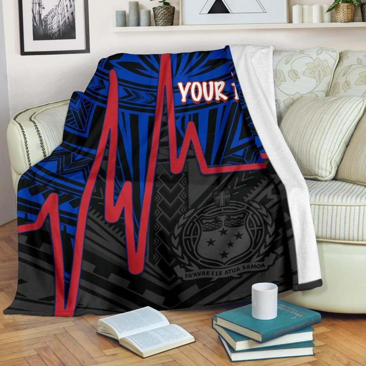Samoa Personalised Premium Blanket - Samoa Seal With Polynesian Patterns In Heartbeat Style (Blue) 2