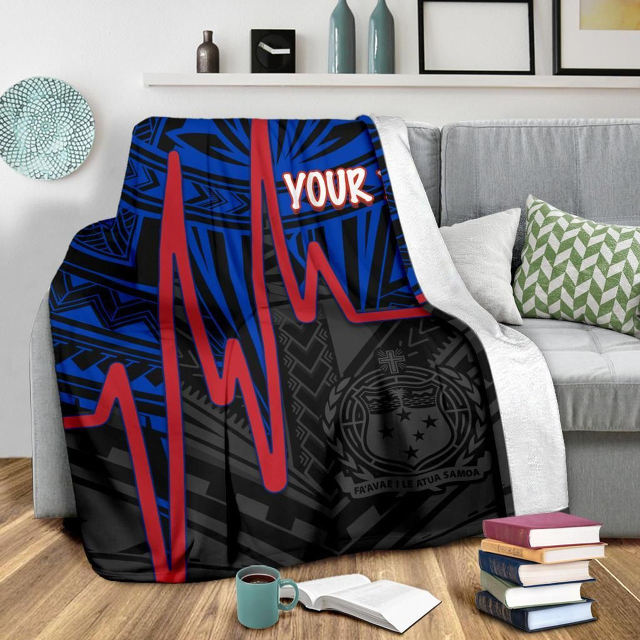 Samoa Personalised Premium Blanket - Samoa Seal With Polynesian Patterns In Heartbeat Style (Blue) 3