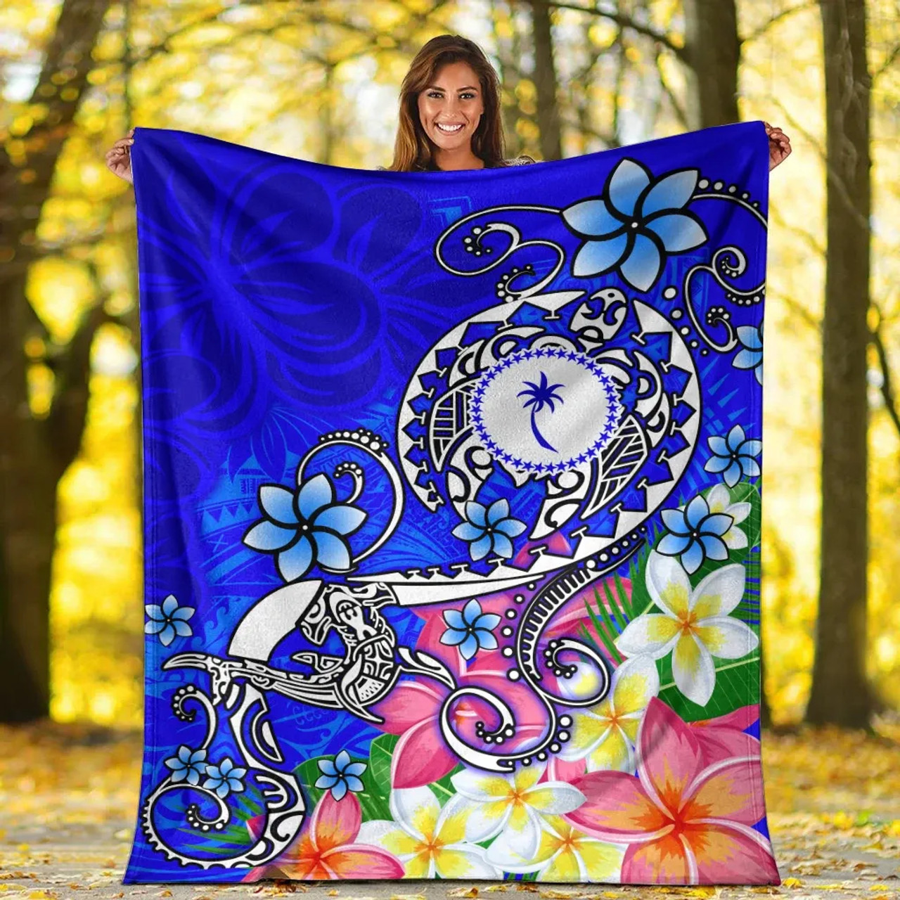 Kosrae Premium Blanket - Turtle Plumeria (Blue) 7