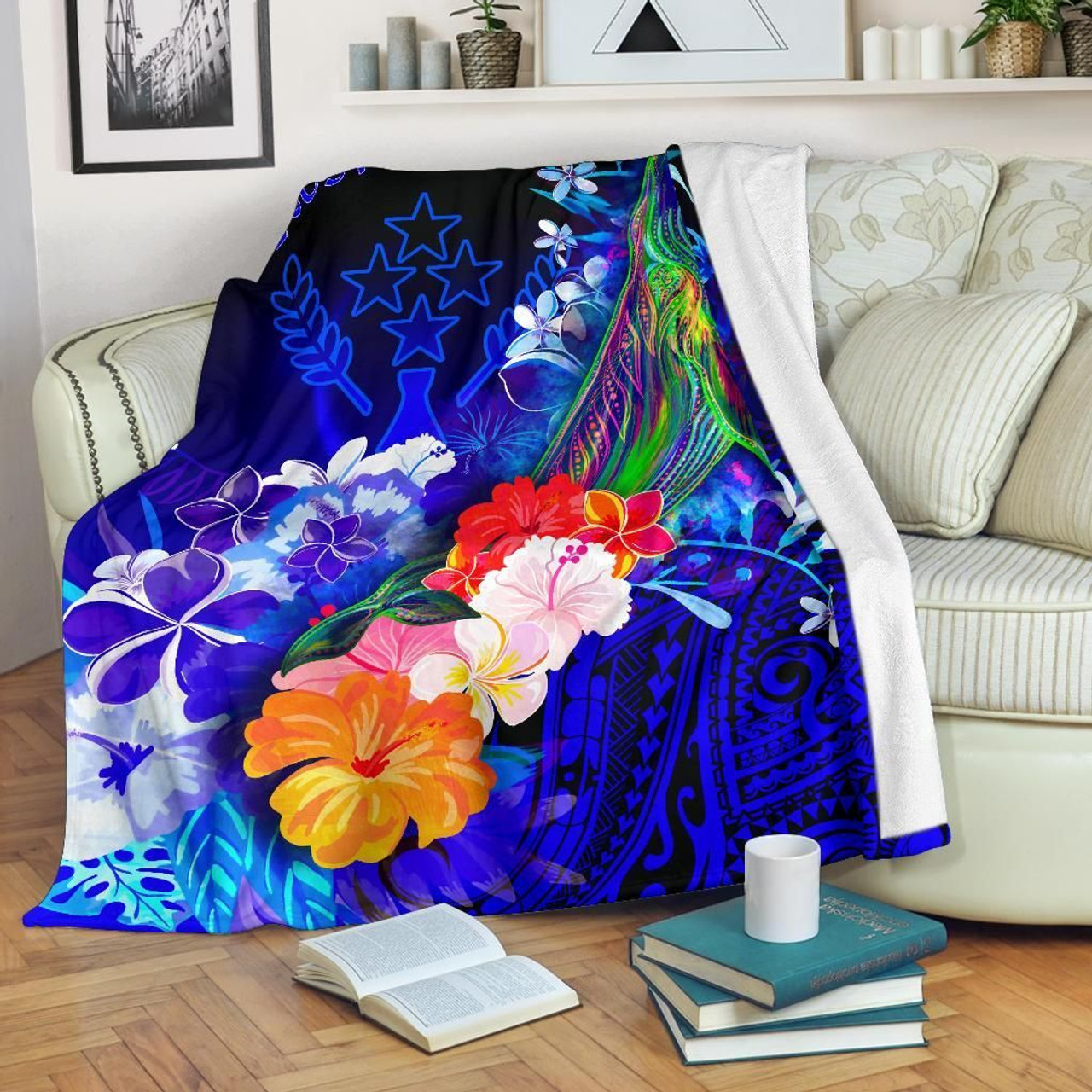 Kosrae Premium Blanket - Humpback Whale with Tropical Flowers (Blue) 1