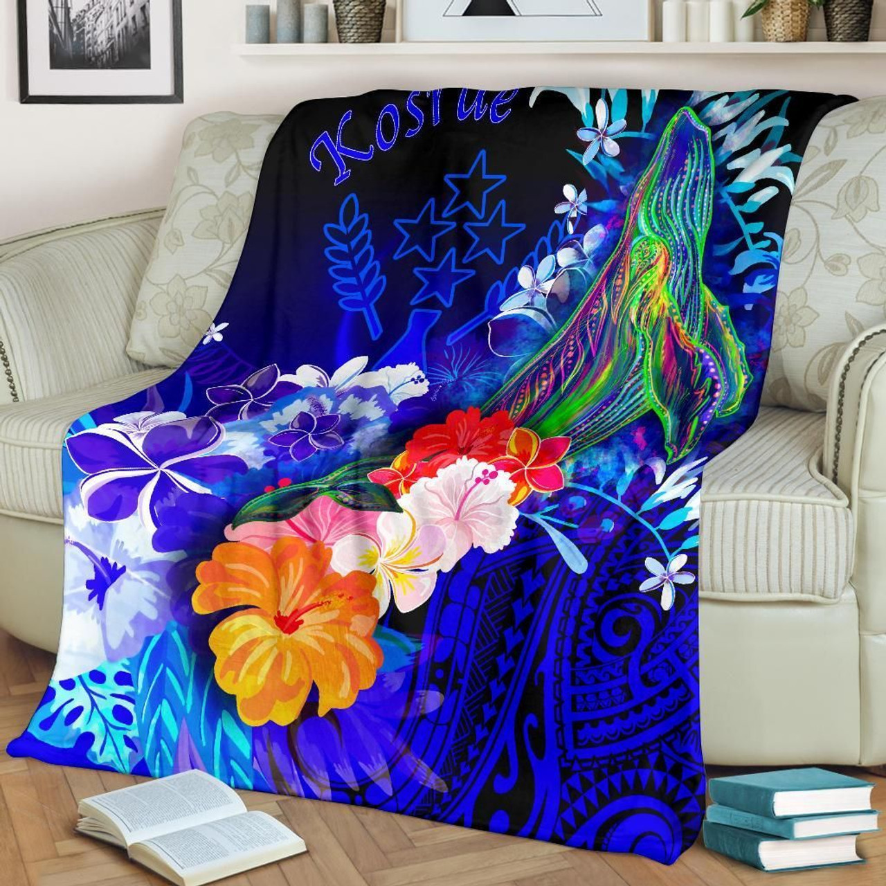 Kosrae Premium Blanket - Humpback Whale with Tropical Flowers (Blue) 2