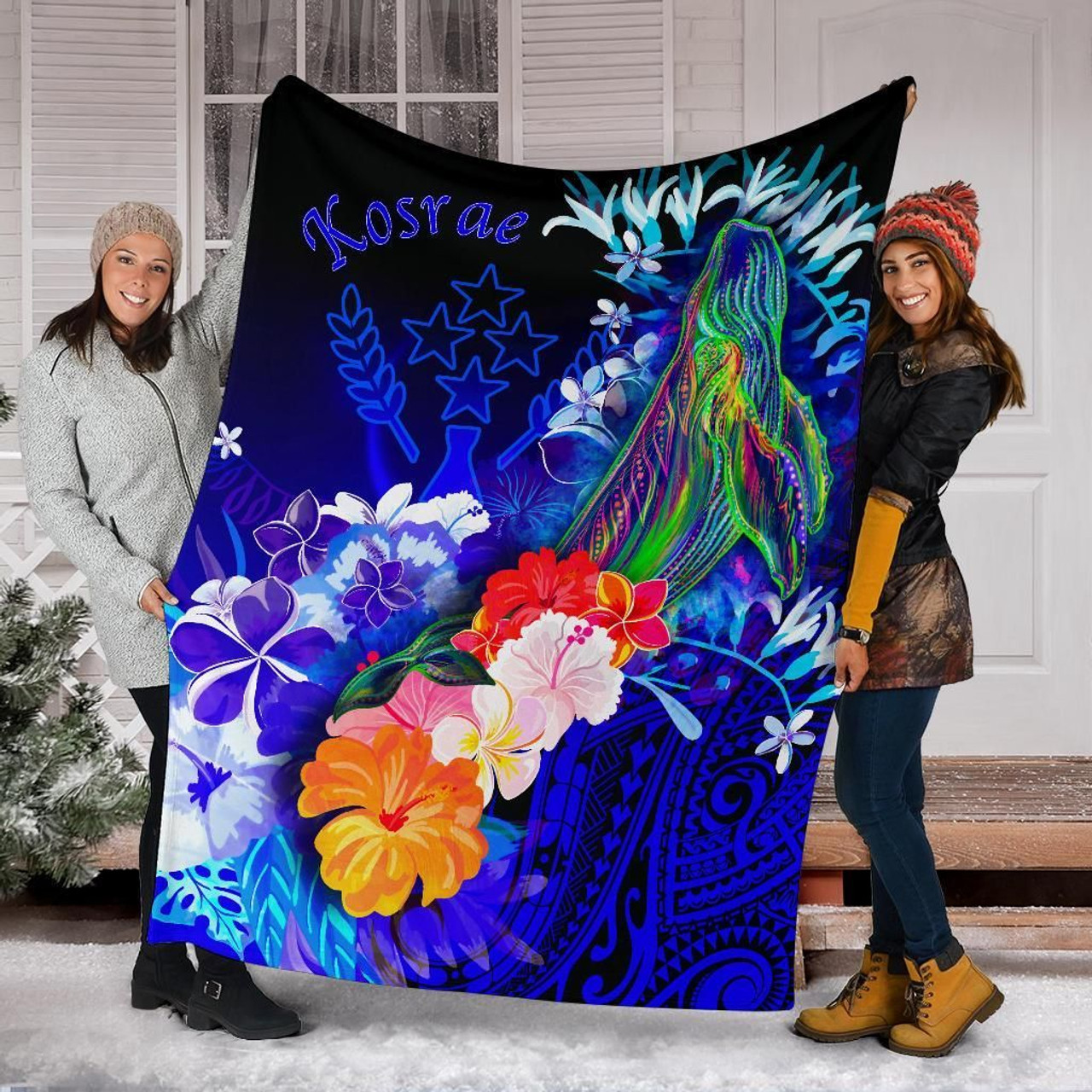 Kosrae Premium Blanket - Humpback Whale with Tropical Flowers (Blue) 6