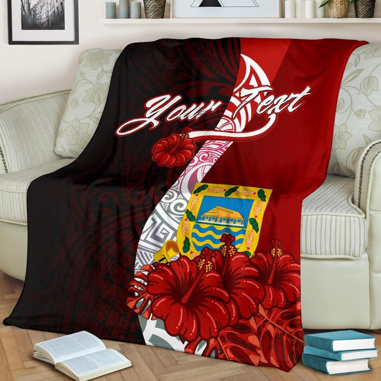 Tuvalu Polynesian Custom Personalised Premium Blanket - Coat Of Arm With Hibiscus 2