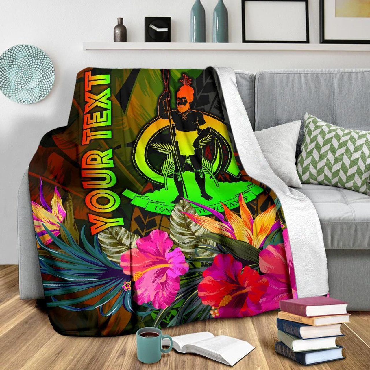 Vanuatu Polynesian Personalised Premium Blanket -  Hibiscus and Banana Leaves 3