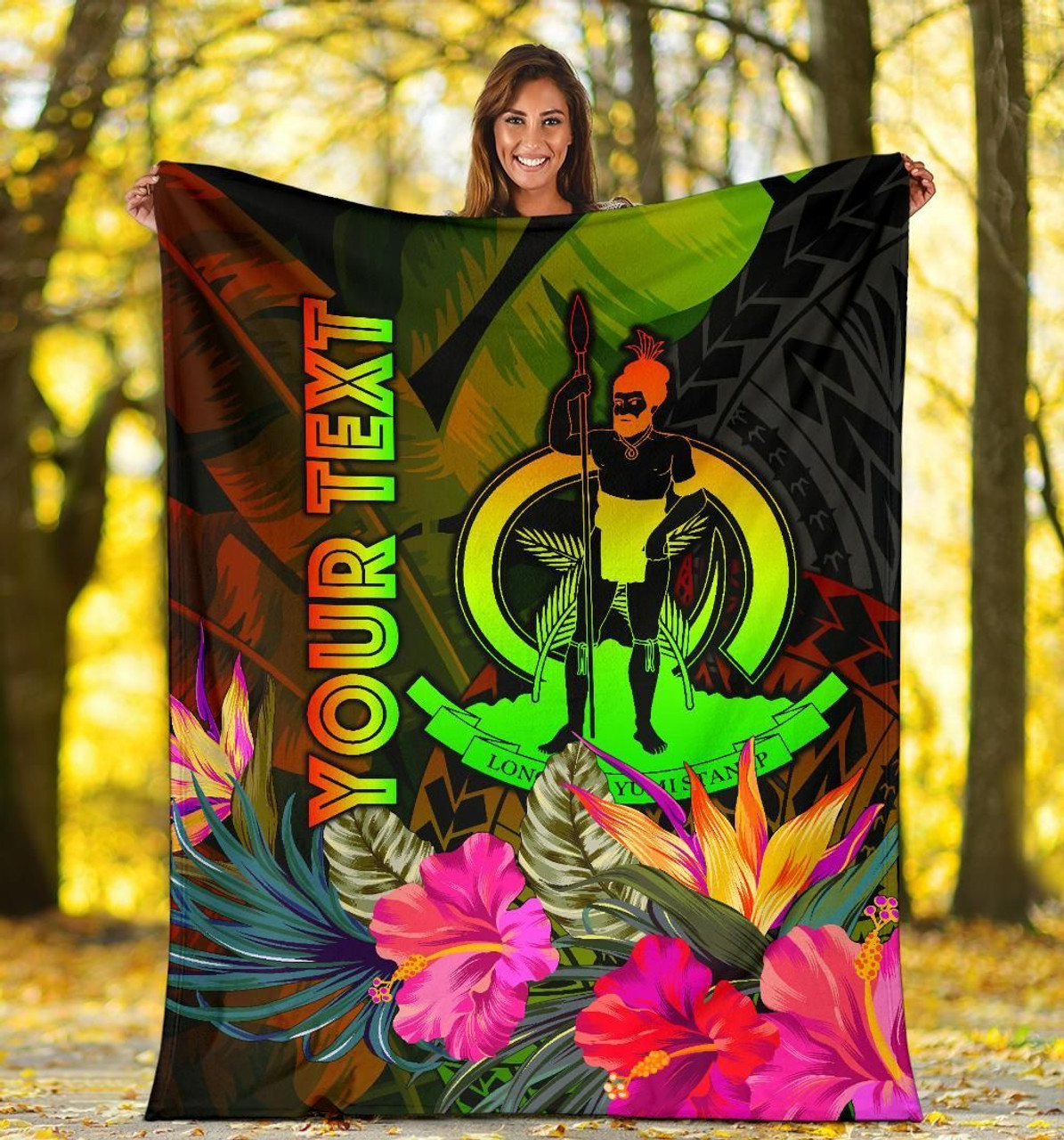 Vanuatu Polynesian Personalised Premium Blanket -  Hibiscus and Banana Leaves 5