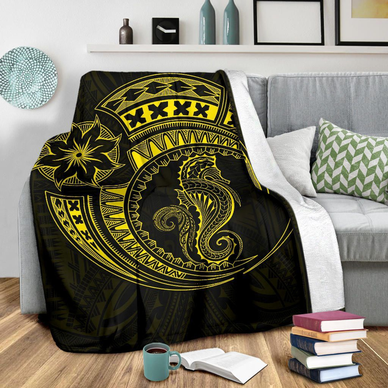 Seahorse Polynesian Blanket - Polynesian Tattoo Yellow 3