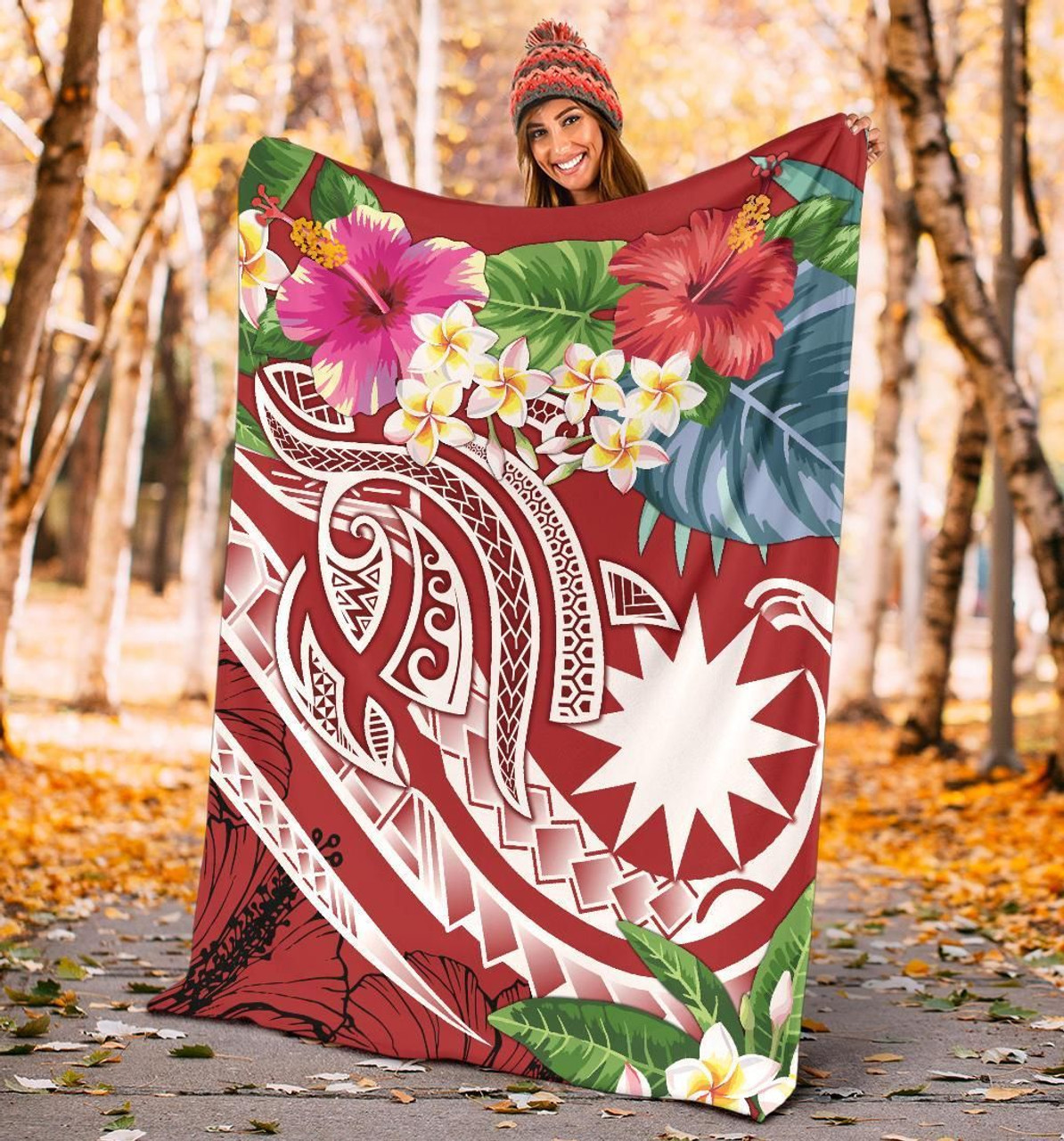 Nauru Polynesian Premium Blanket - Summer Plumeria (Red) 4