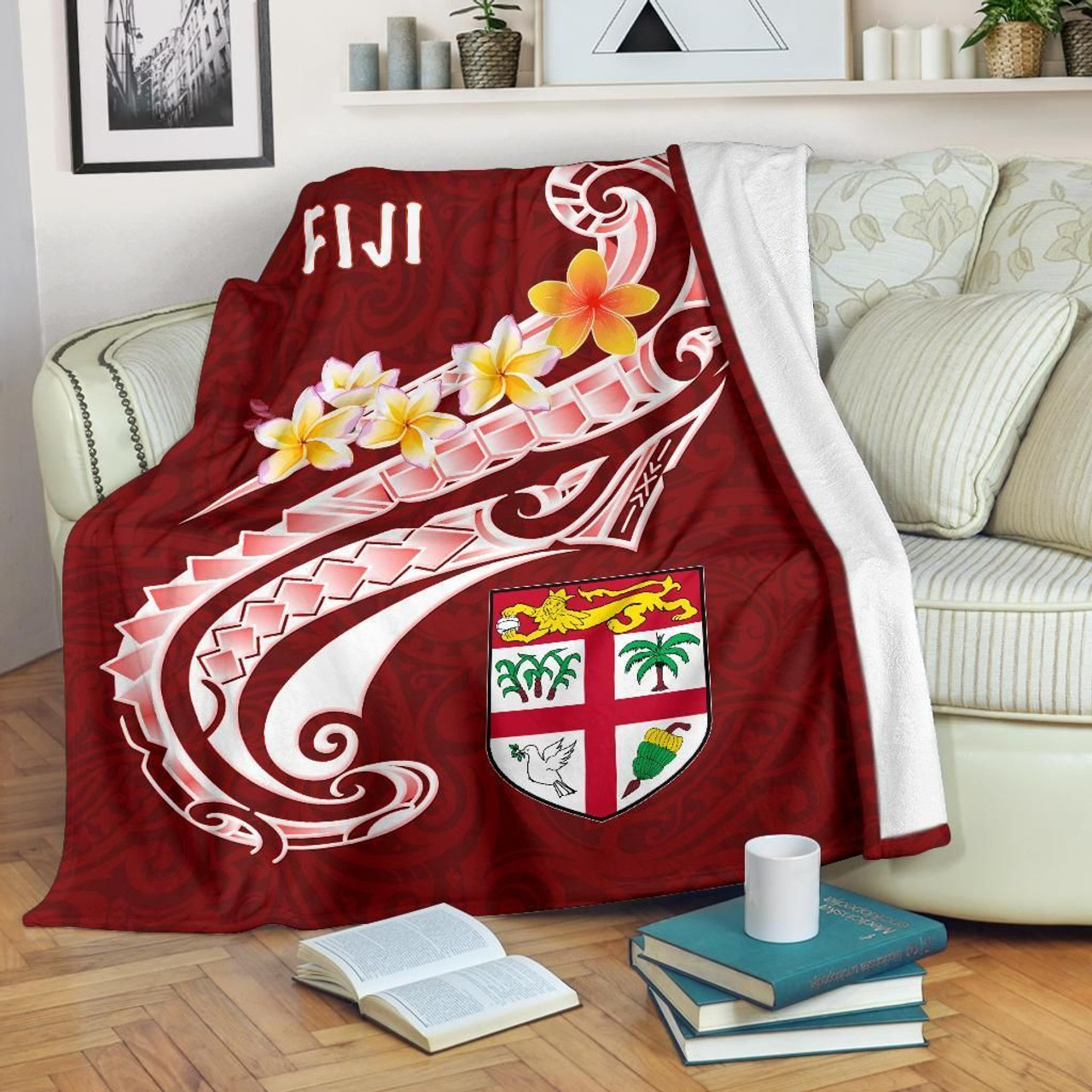 Fiji Premium Blanket- Fiji Seal  Polynesian Patterns Plumeria  (Red) 2