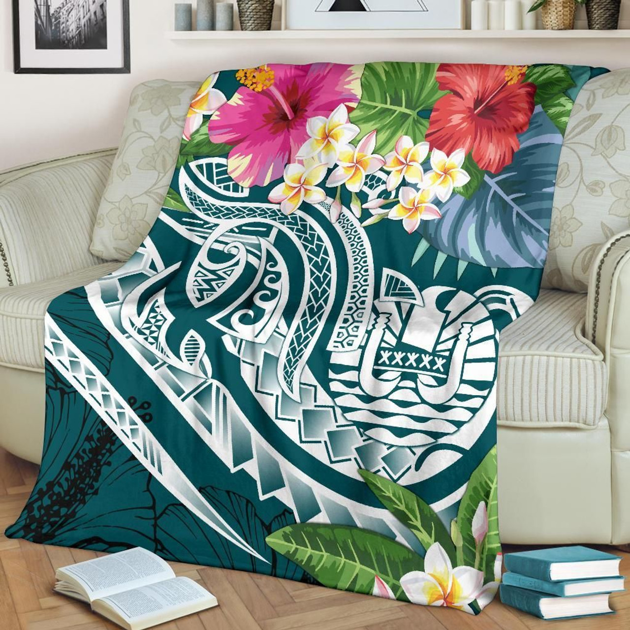 Tahiti Polynesian Premium Blanket - Summer Plumeria (Turquoise) 2