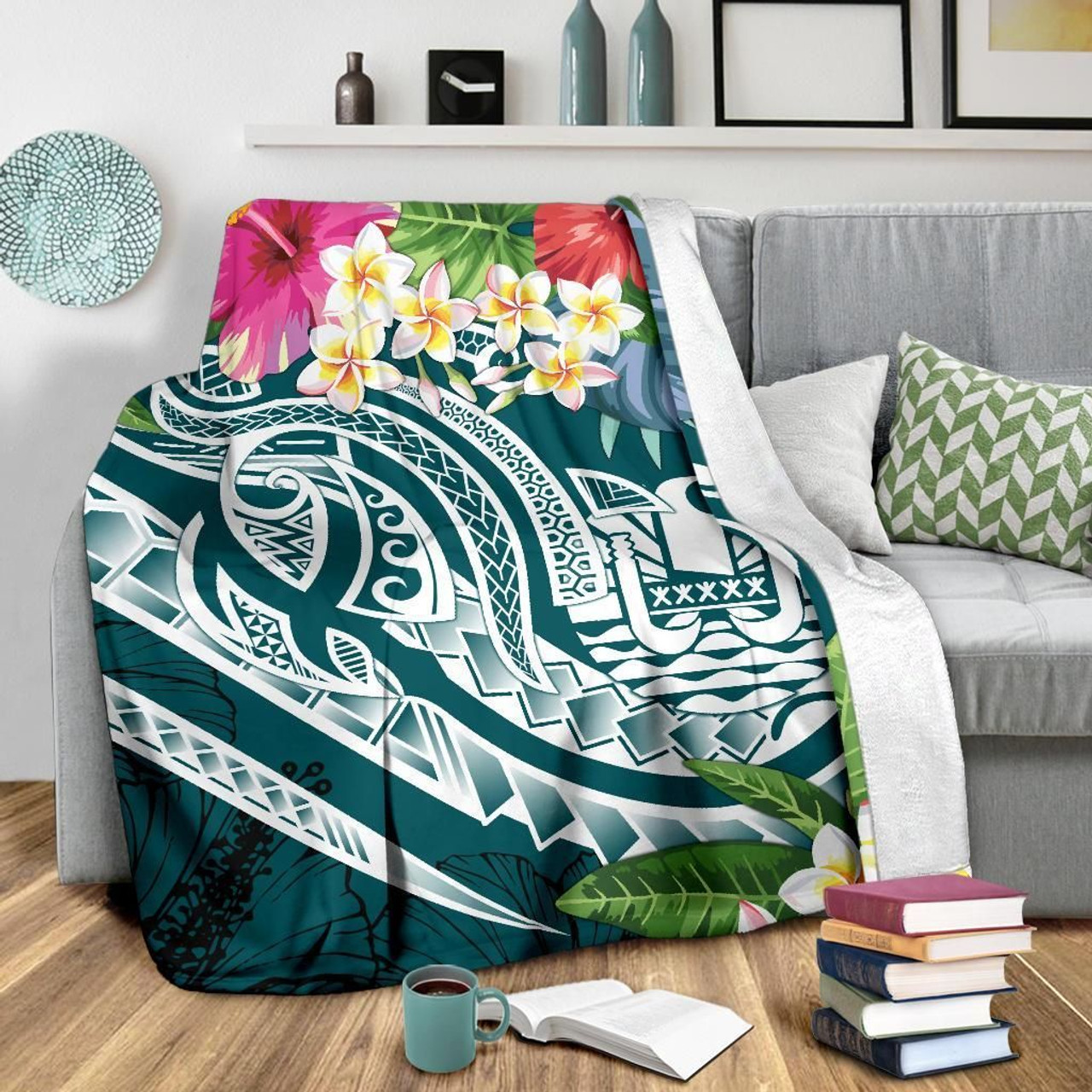 Tahiti Polynesian Premium Blanket - Summer Plumeria (Turquoise) 3