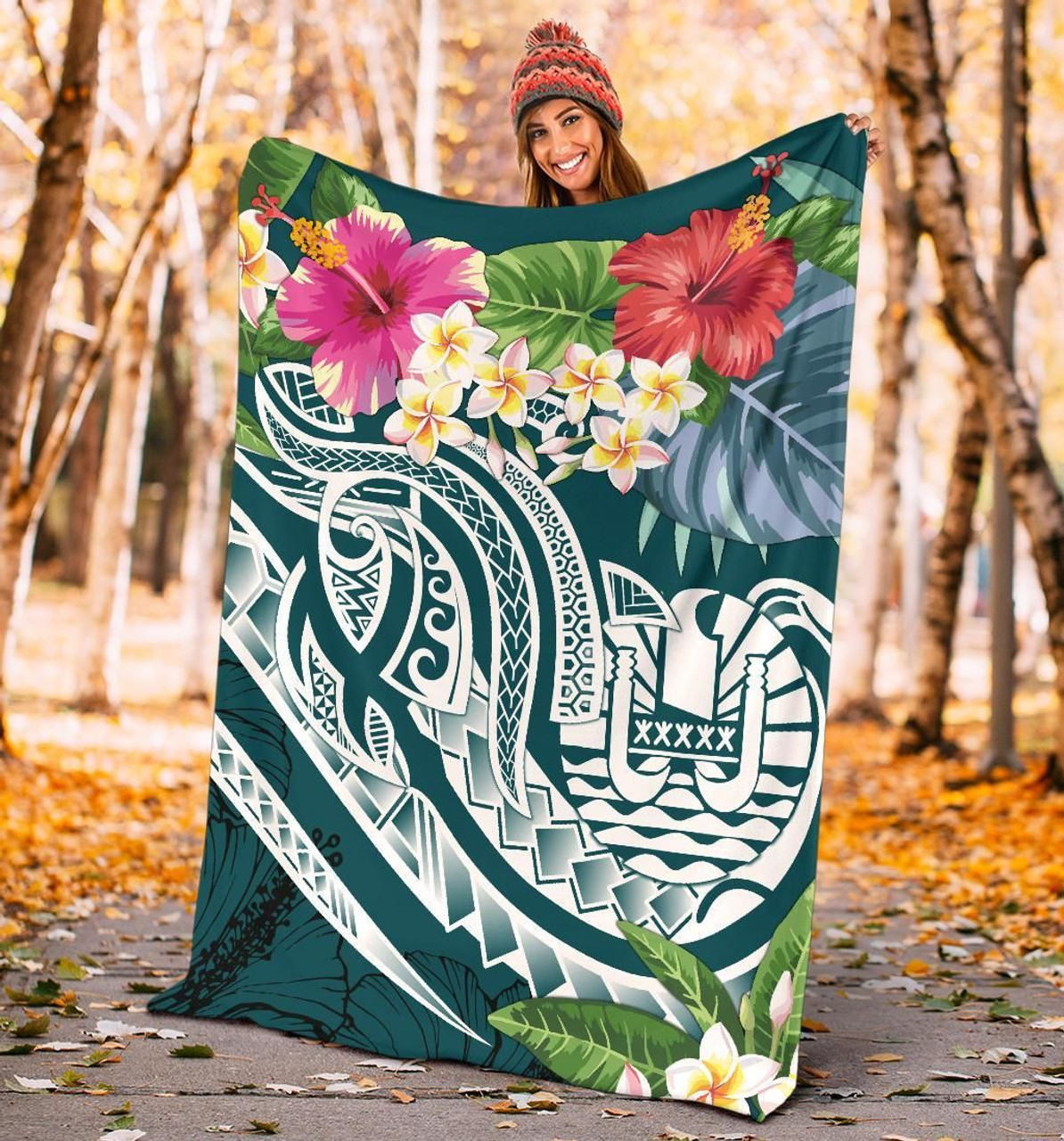 Tahiti Polynesian Premium Blanket - Summer Plumeria (Turquoise) 4