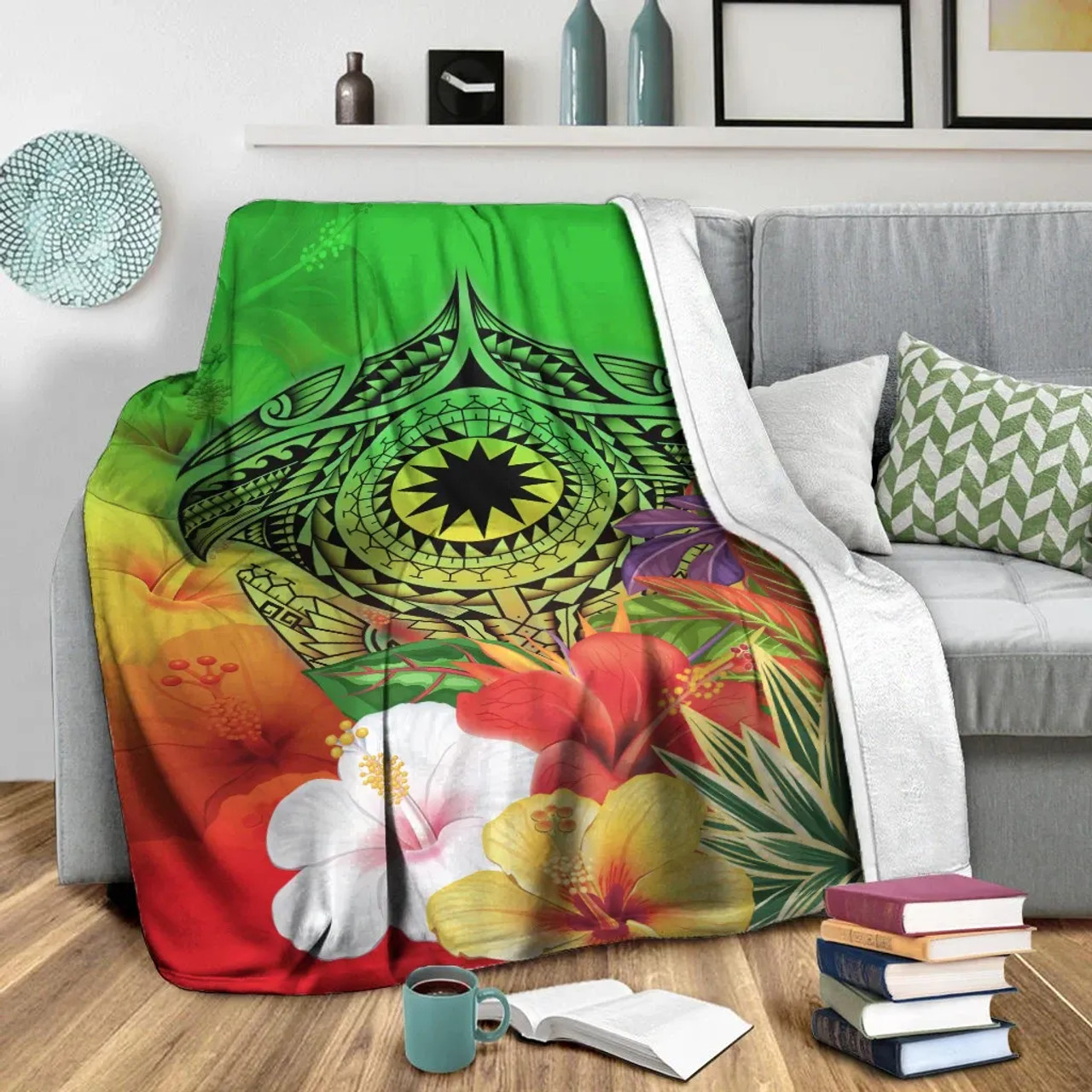 Nauru Premium Blanket - Manta Ray Tropical Flowers (Green) 1