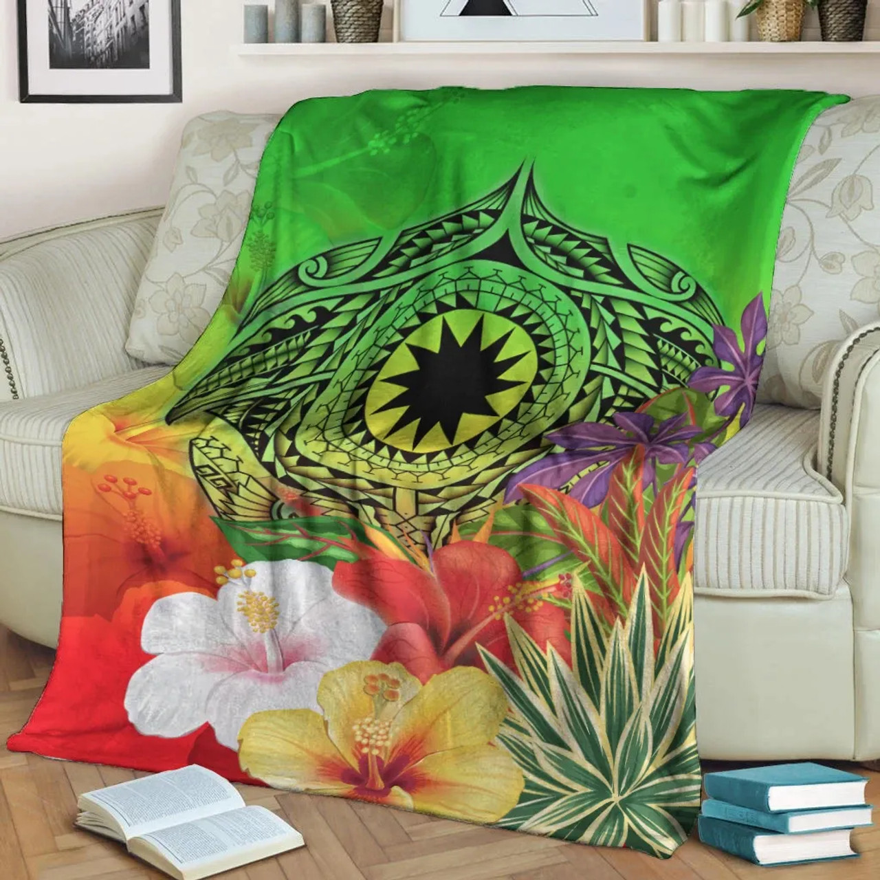 Nauru Premium Blanket - Manta Ray Tropical Flowers (Green) 3