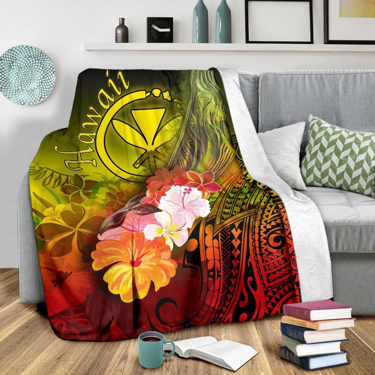 Polynesian Hawaii Premium Blanket - Kanaka Maoli Humpback Whale with Tropical Flowers (Yellow) 3