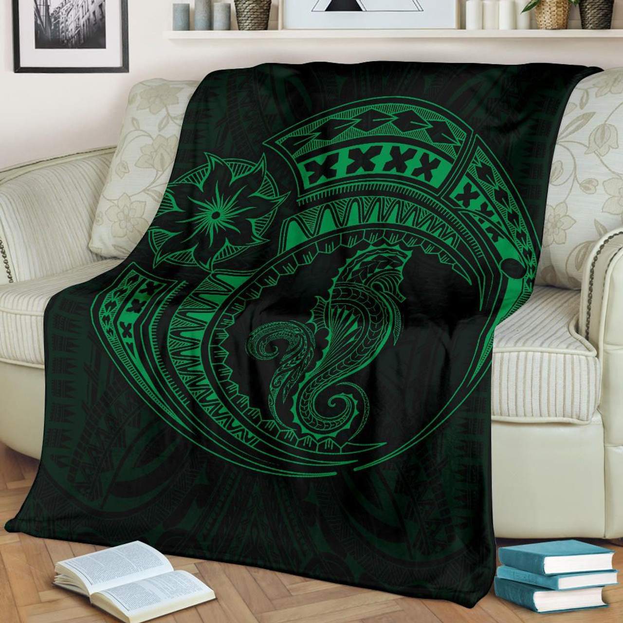 Seahorse Polynesian Blanket - Polynesian Tattoo Green 2