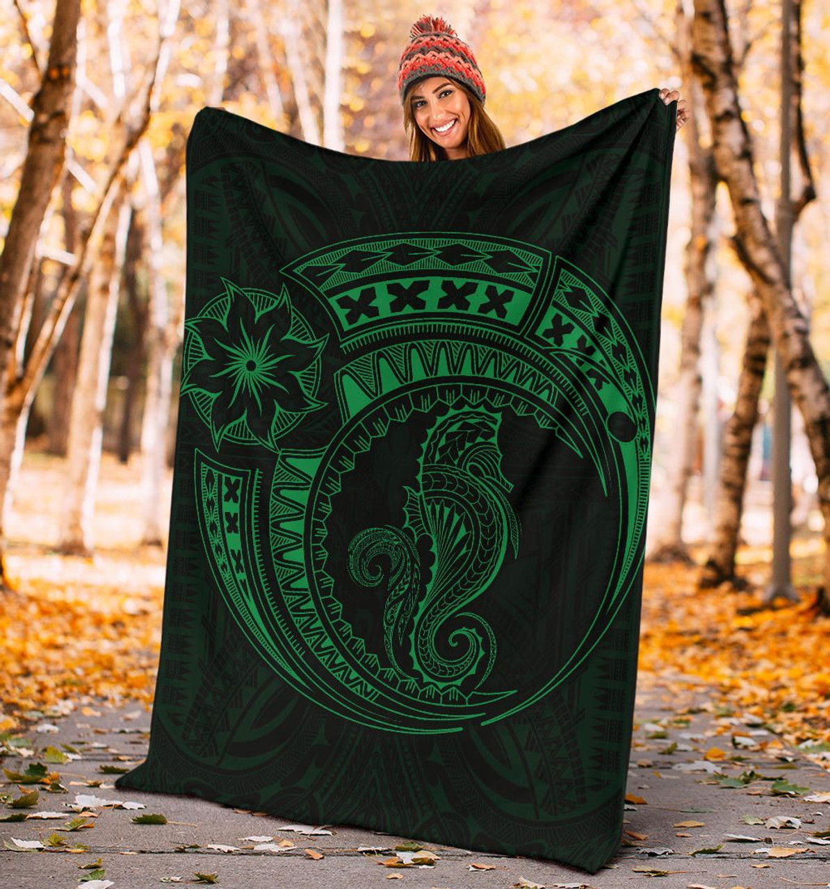 Seahorse Polynesian Blanket - Polynesian Tattoo Green 4