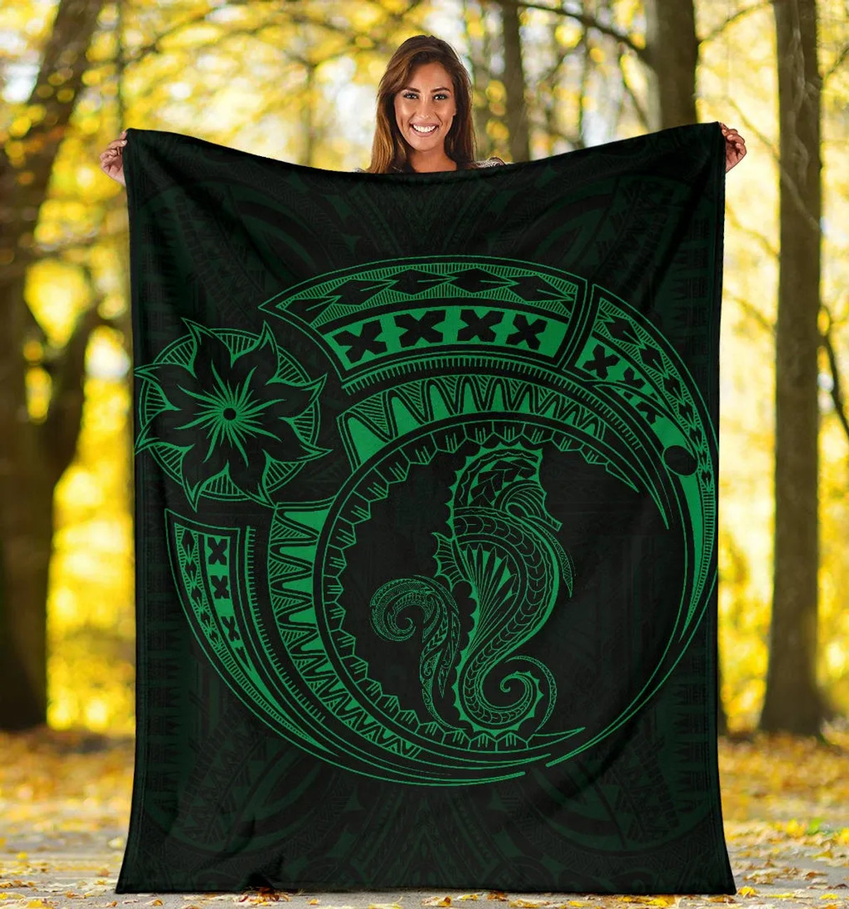 Seahorse Polynesian Blanket - Polynesian Tattoo Green 5