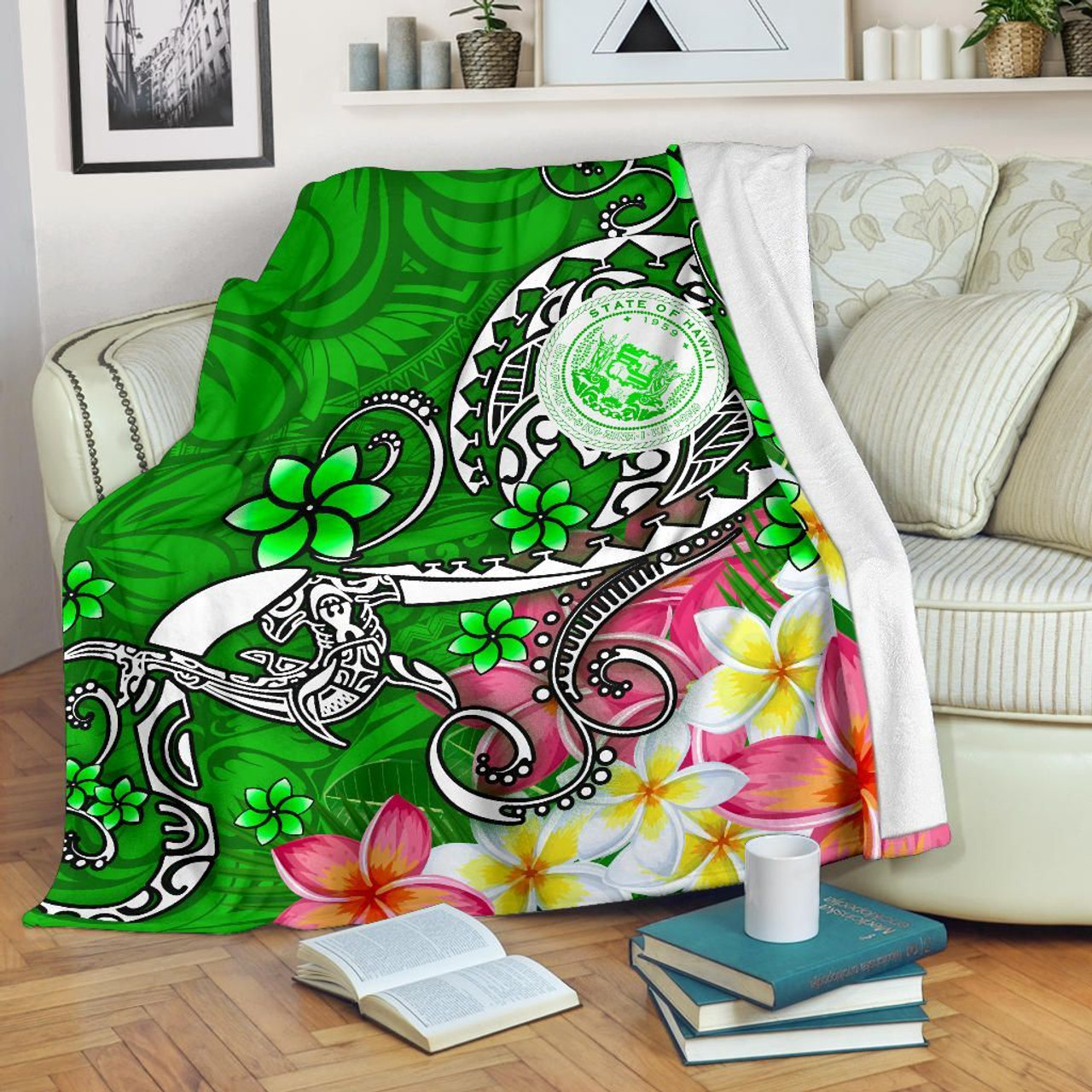 Hawaii Polynesian Premium Blankets - Hawaii Seal With Turtle Plumeria (Green) 1