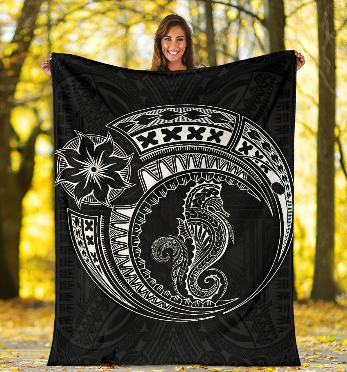 Seahorse Polynesian Blanket - Polynesian Tattoo Black 5