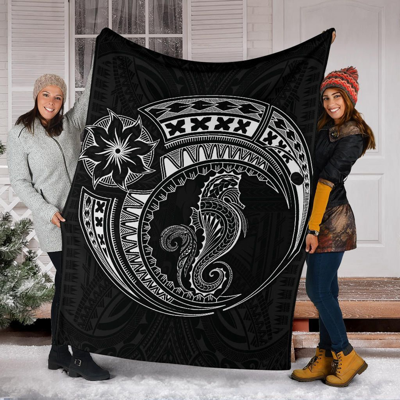 Seahorse Polynesian Blanket - Polynesian Tattoo Black 6