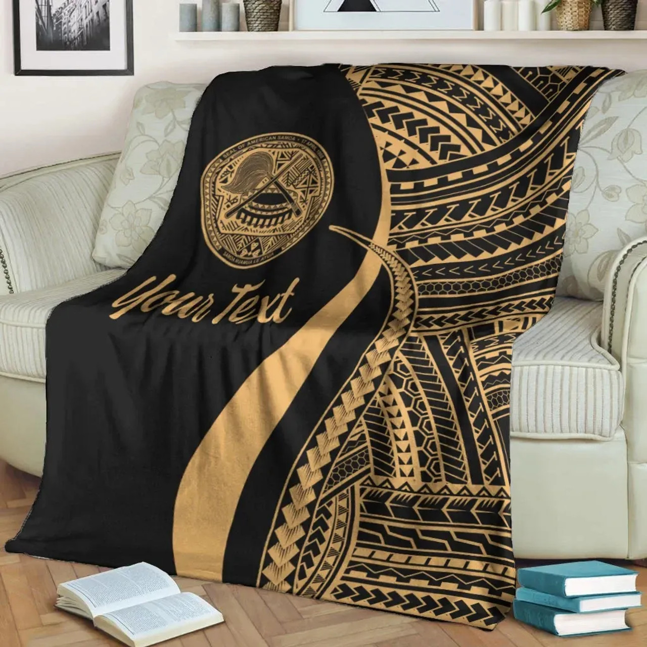 American Samoa Custom Personalised Premium Blanket - Gold Polynesian Tentacle Tribal Pattern 3