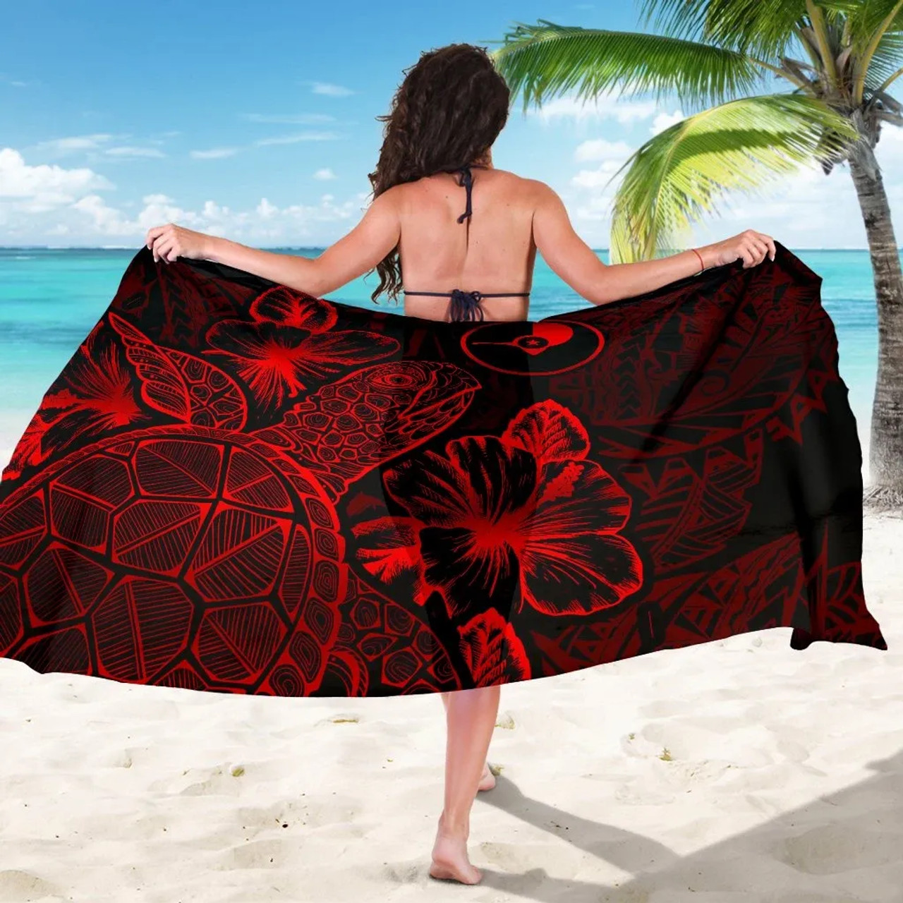 Yap Sarong - Turtle Hibiscus Pattern Red 5