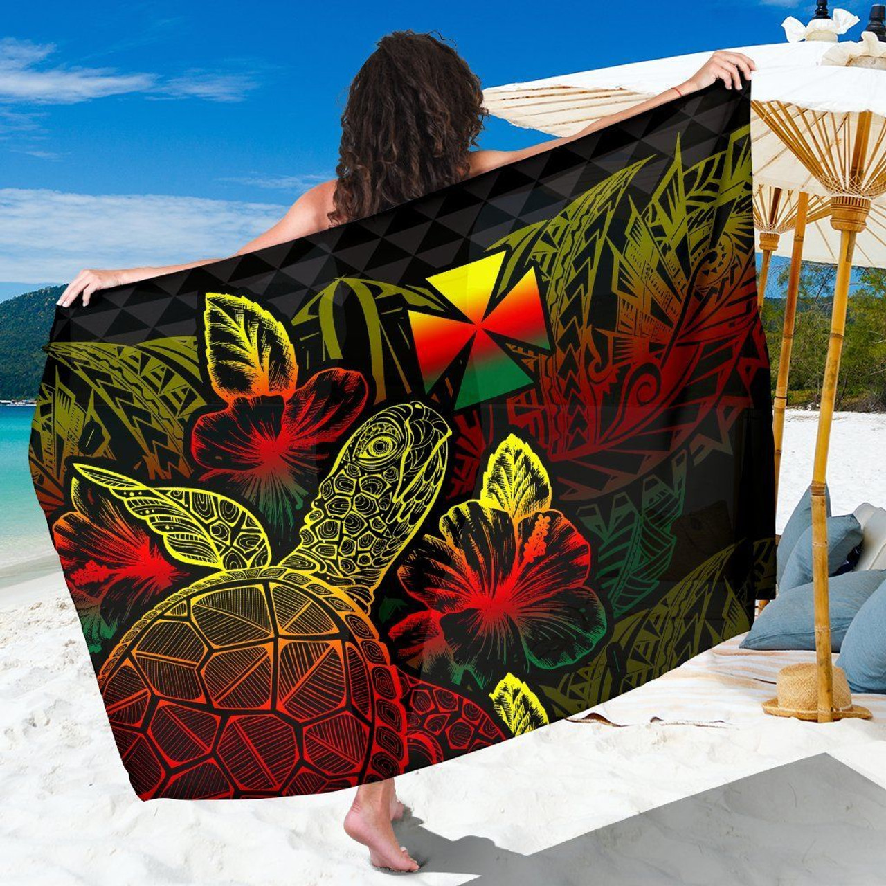 Wallis And Futuna Sarong - Turtle Hibiscus Pattern Reggae 1