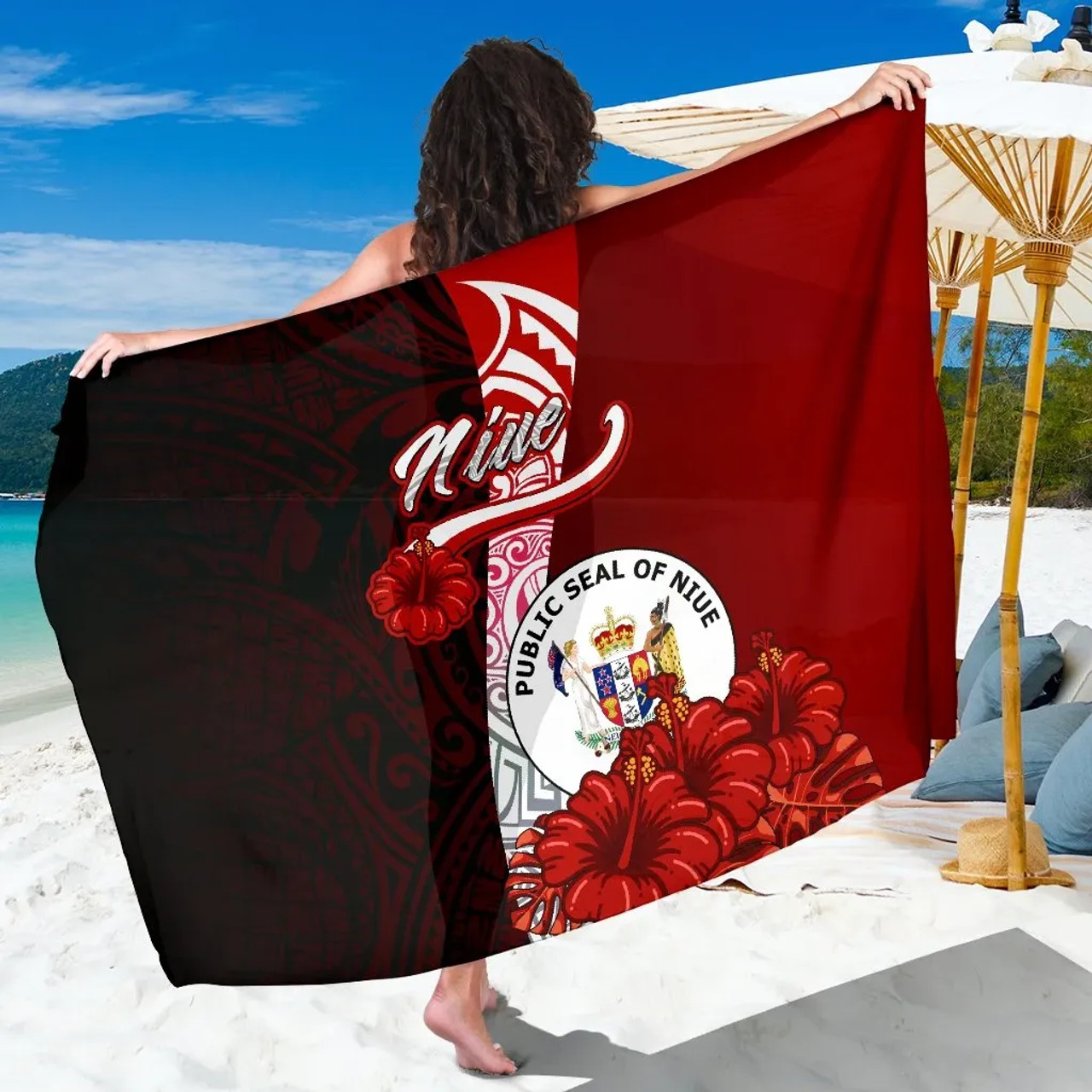 Niue Polynesian Sarong - Coat Of Arm With Hibiscus 1