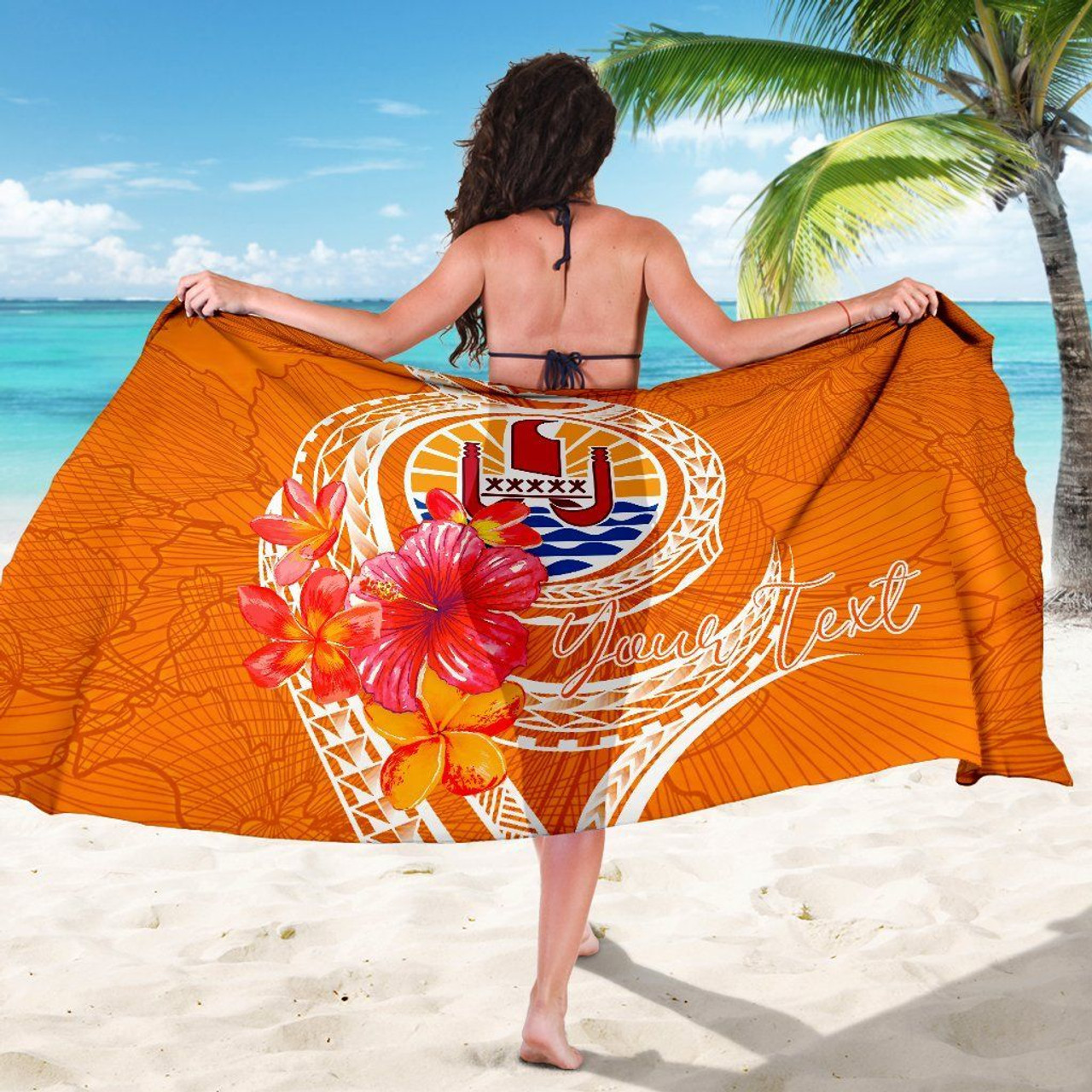 Tahiti Polynesian Custom Personalised Sarong - Orange Floral With Seal 5