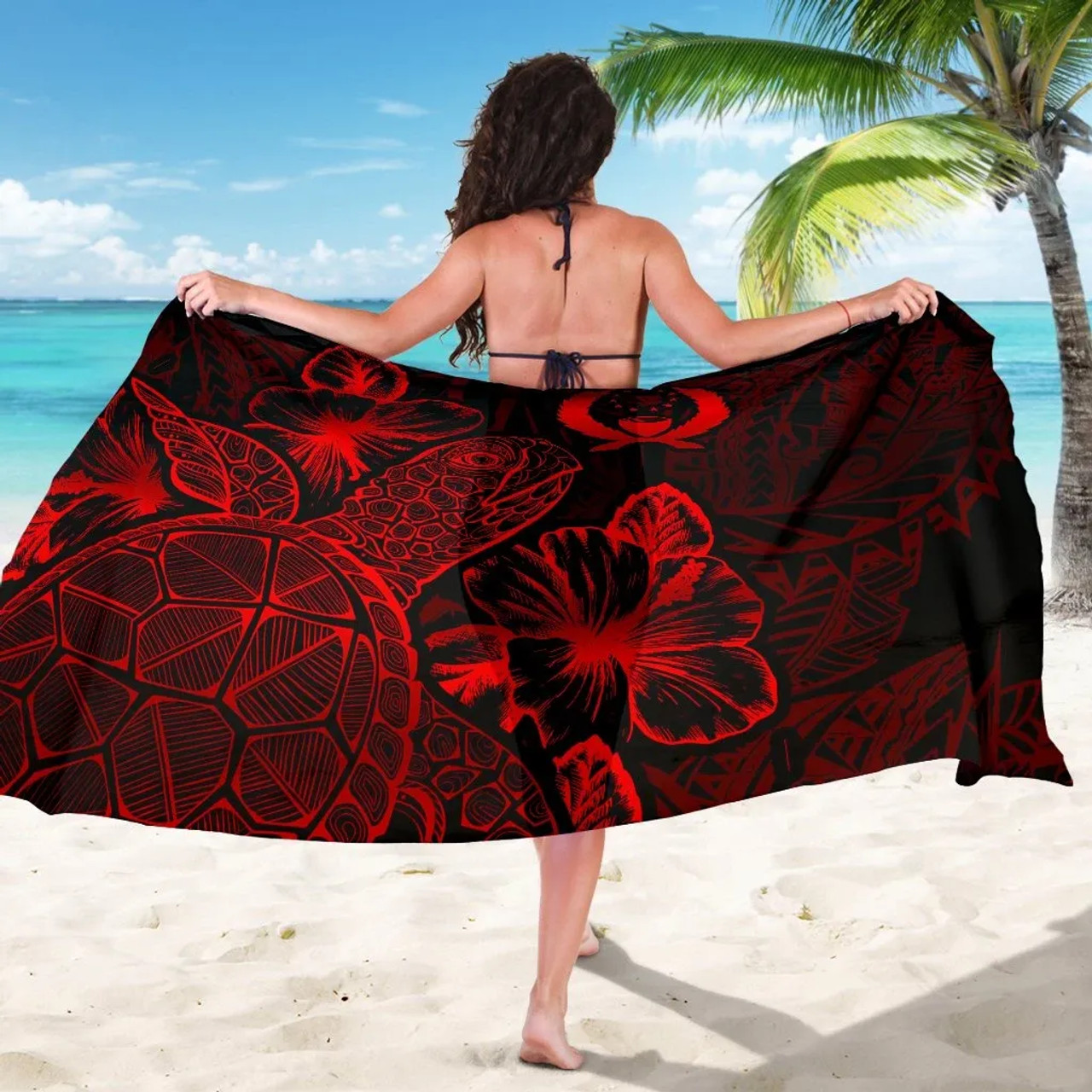 Pohnpei Sarong - Turtle Hibiscus Pattern Red 5
