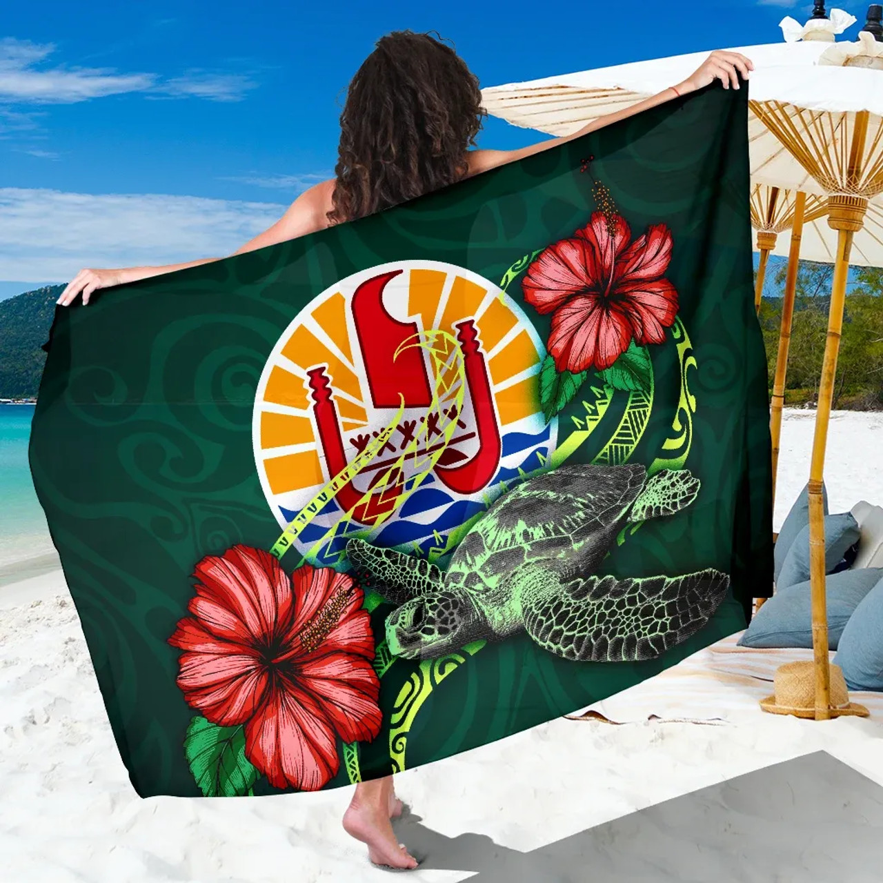 Tahiti Polynesian Sarong - Green Turtle Hibiscus 1