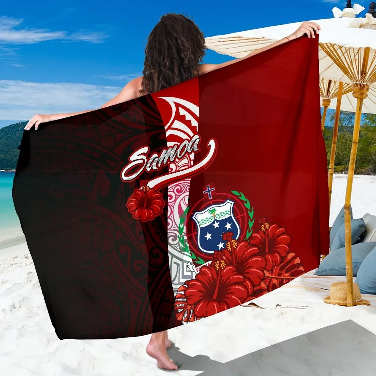 Samoa Polynesian Sarong - Coat Of Arm With Hibiscus 1