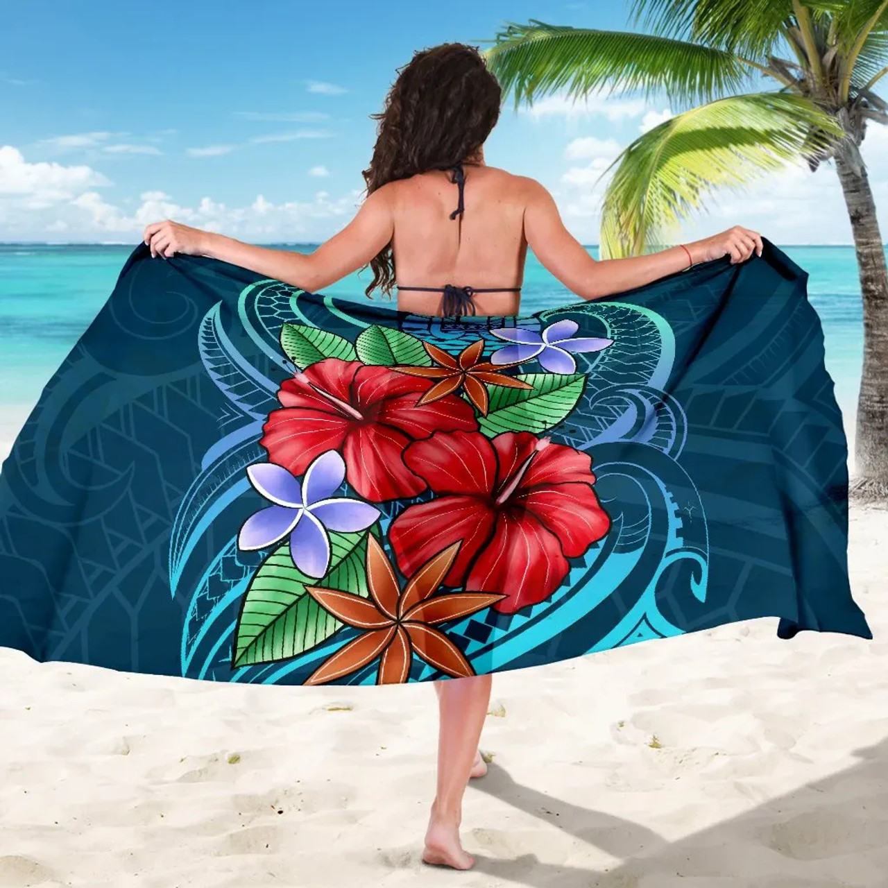 Tahiti Sarong - Blue Pattern With Tropical Flowers 5