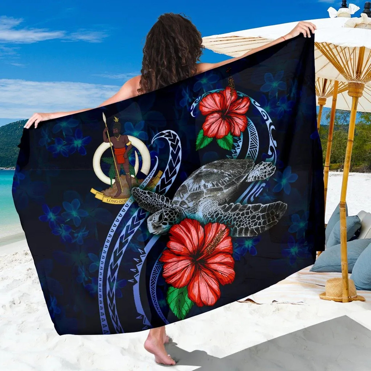 Vanuatu Polynesian Sarong - Blue Turtle Hibiscus 1