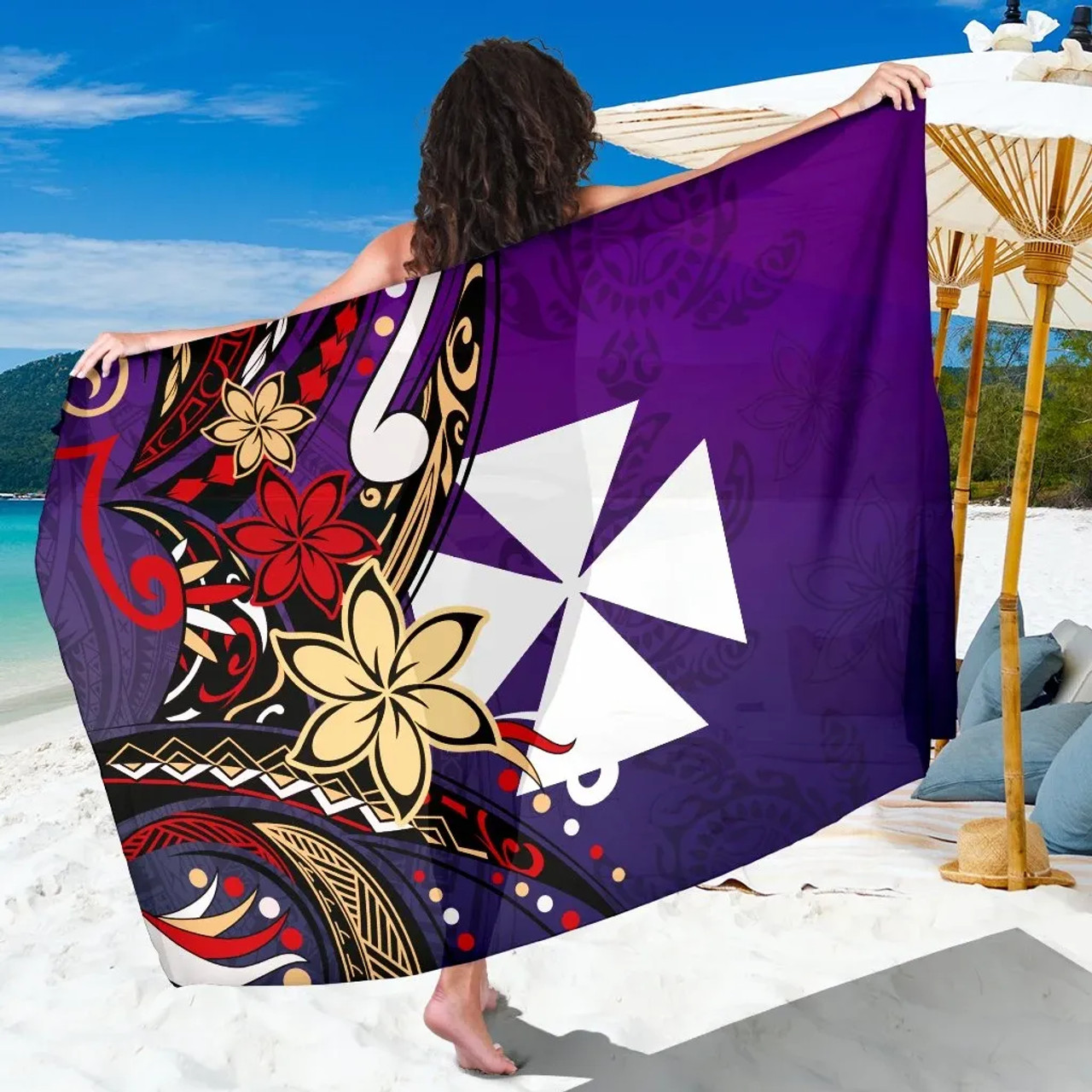 Wallis and Futuna Sarong - Tribal Flower With Special Turtles Purple Color 1