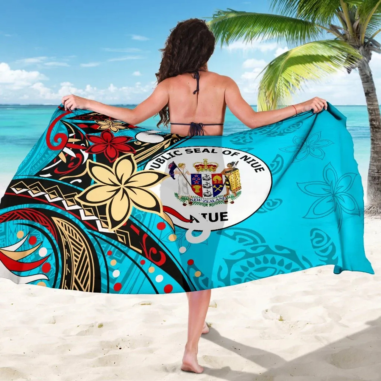 Niue Sarong - Tribal Flower With Special Turtles Blue Color 5