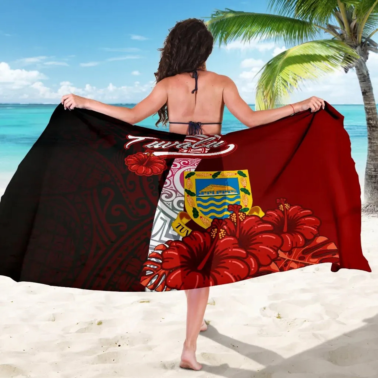 Tuvalu Polynesian Sarong - Coat Of Arm With Hibiscus 5