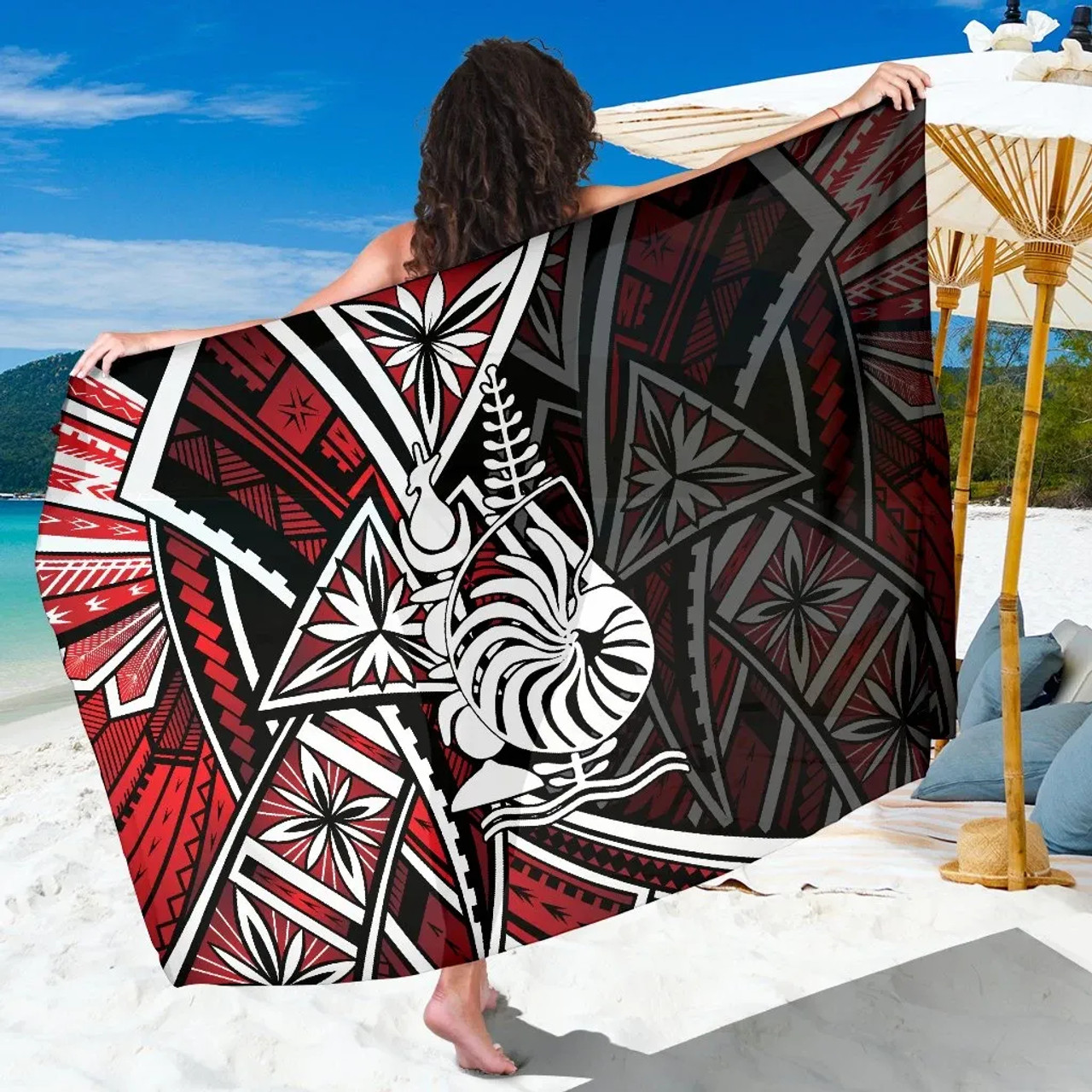 New Caledonia Sarong - Tribal Flower Special Pattern Red Color 1