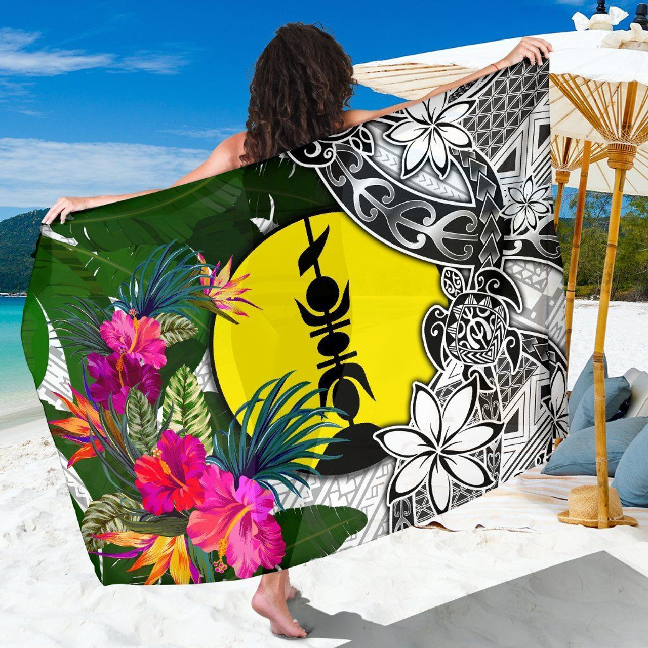 New Caledonia Sarong White - Turtle Plumeria Banana Leaf 1